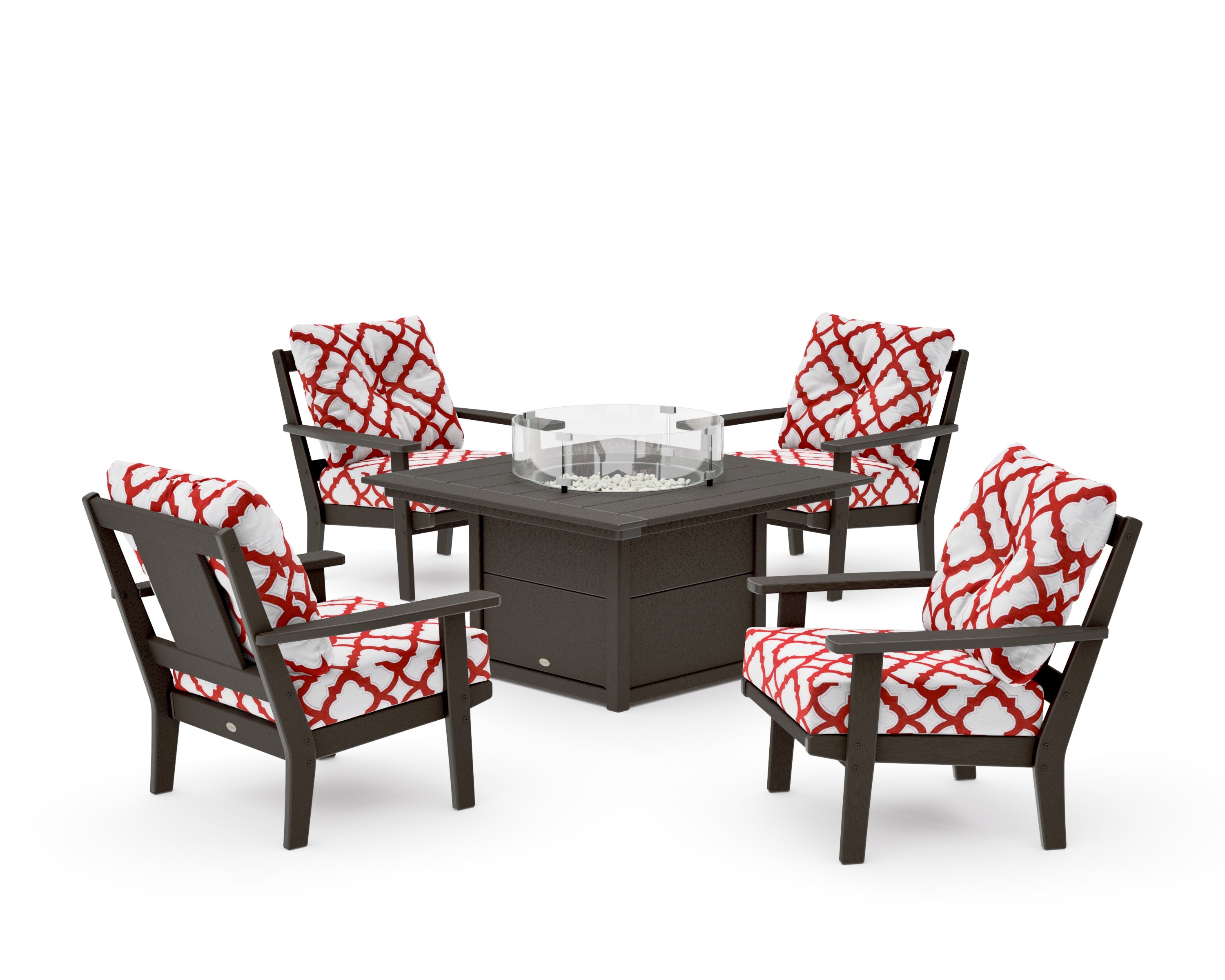 Prairie 5-Piece Deep Seating Set with Fire Pit Table in Vintage Coffee / Trellis Crimson