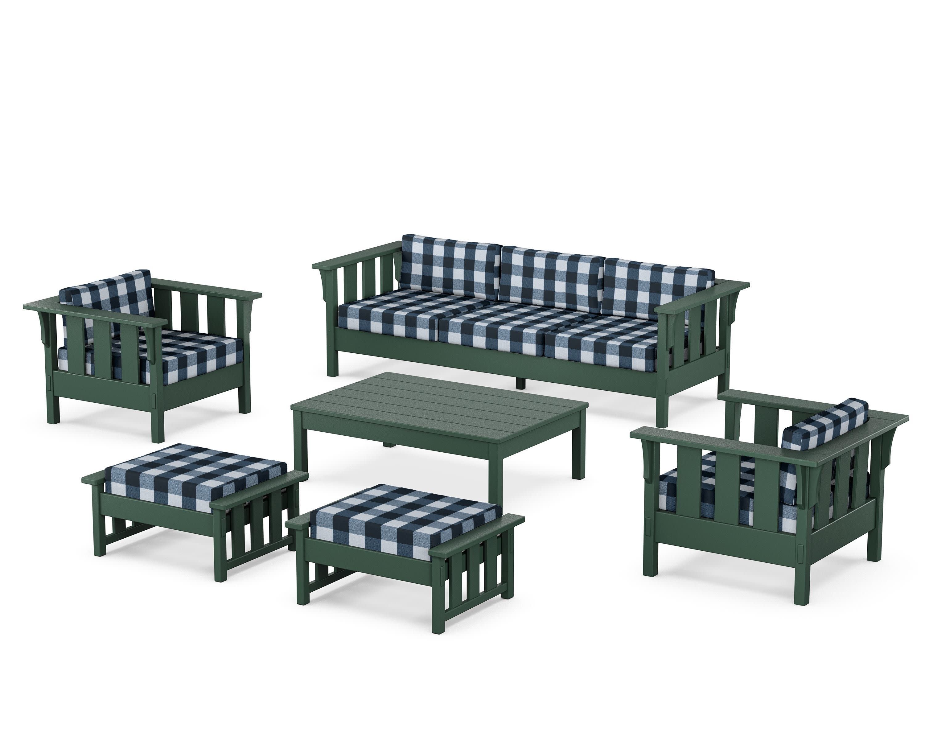 Acadia 6-Piece Lounge Sofa Set in Green / Buffalo Plaid Marine Indigo