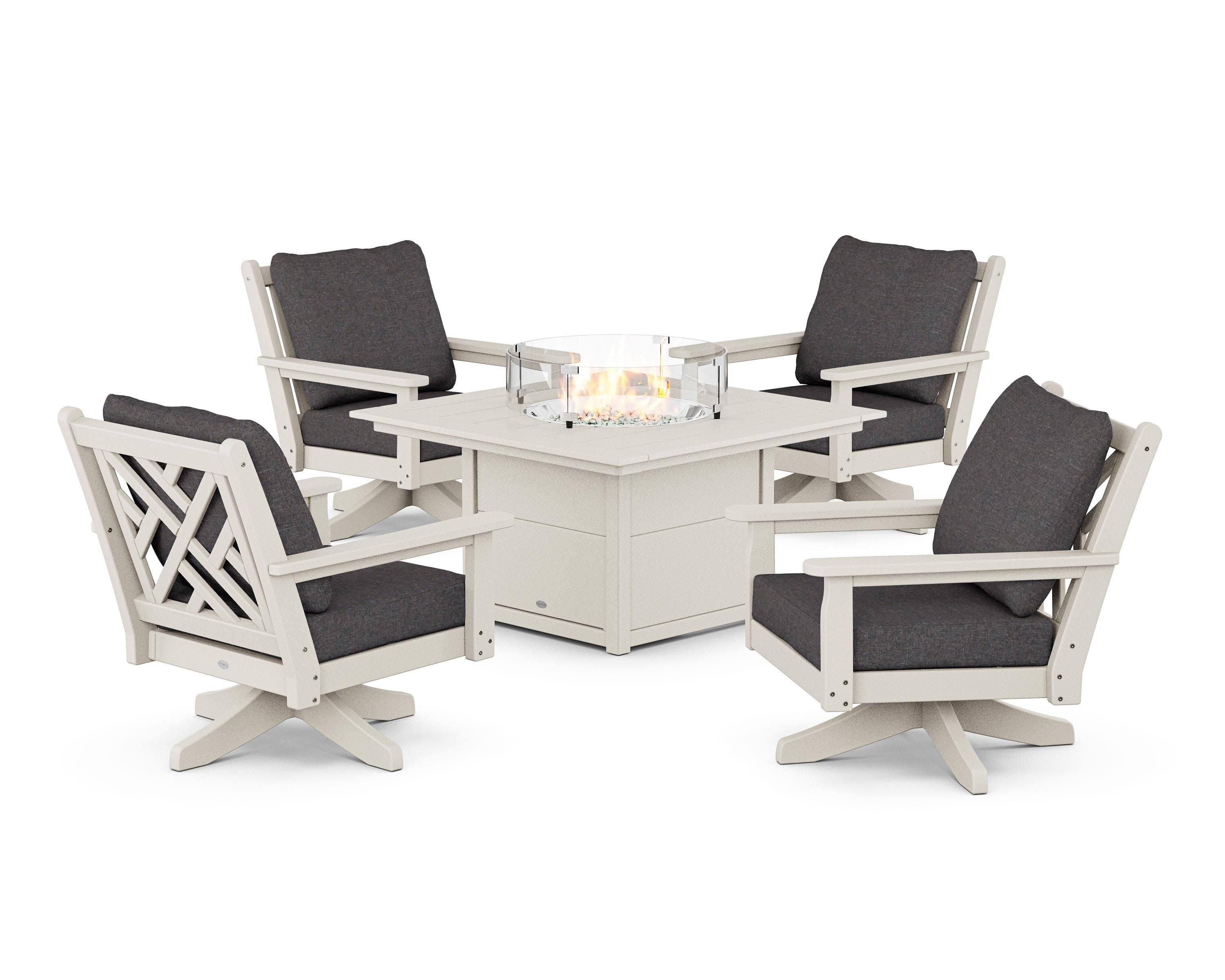 Chippendale 5-Piece Deep Seating Swivel Conversation Set with Fire Pit Table in Sand / Ash Charcoal