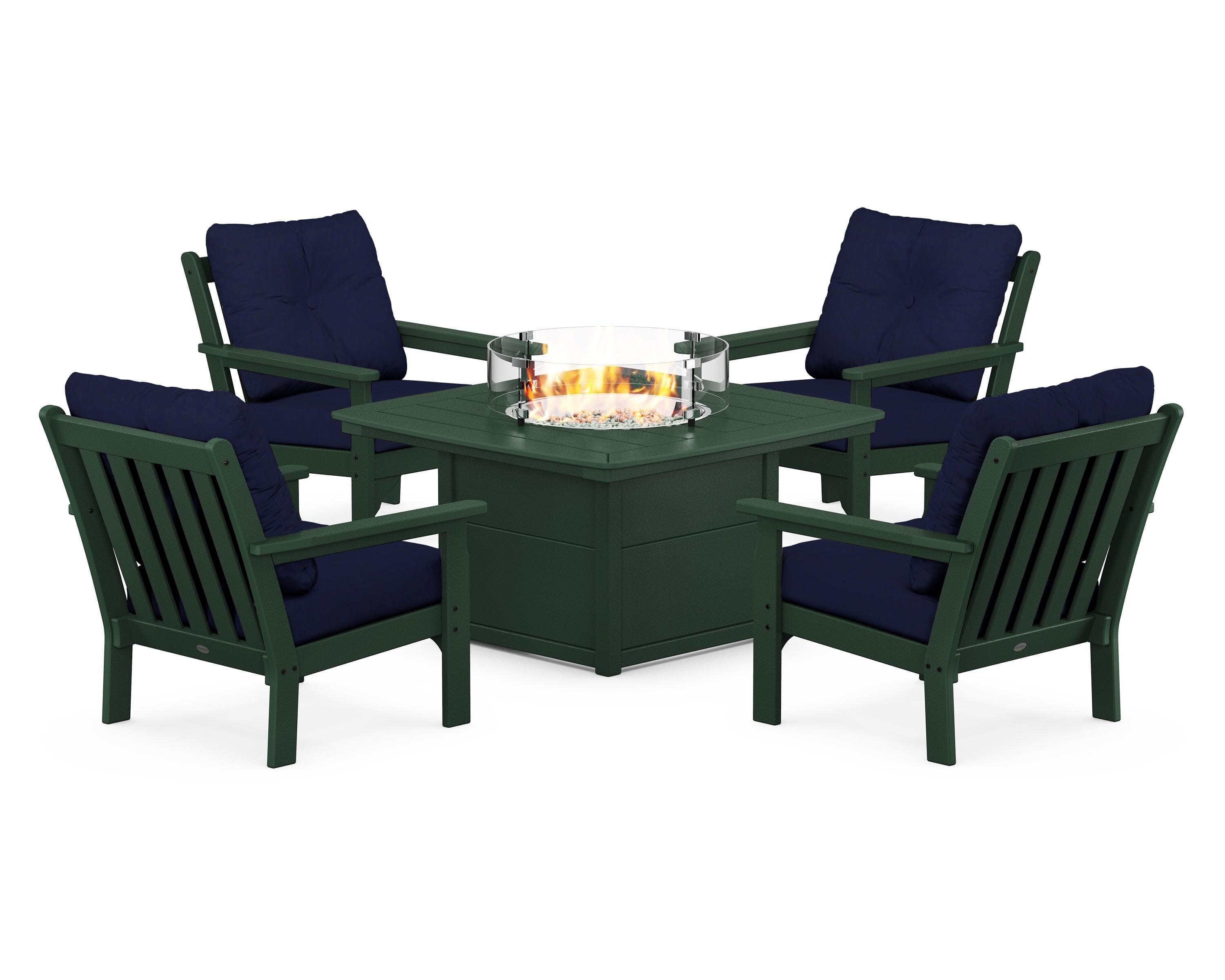 Vineyard 5-Piece Conversation Set with Fire Pit Table in Green / Navy