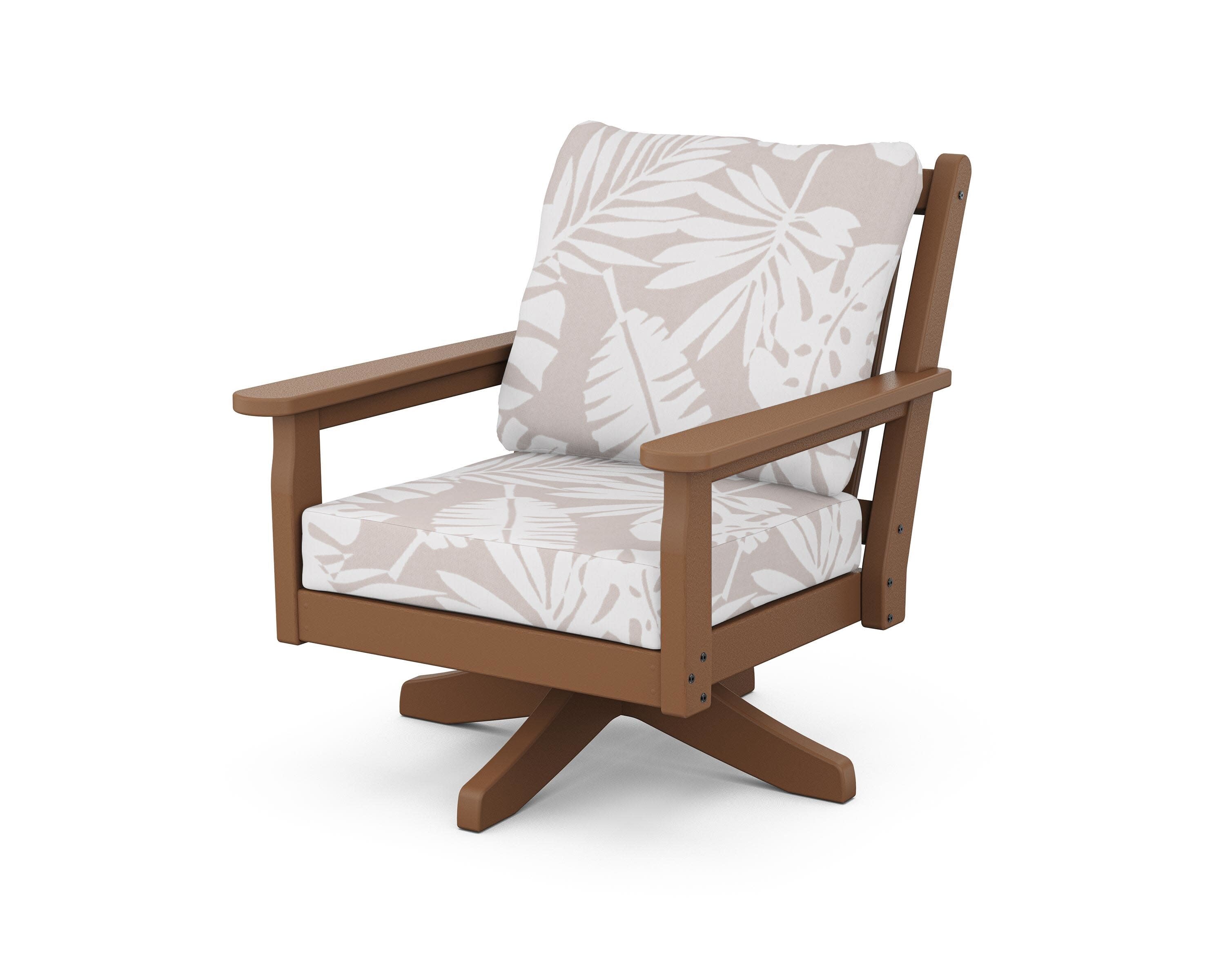 Chippendale Deep Seating Swivel Chair in Teak / Leaf Dune Burlap
