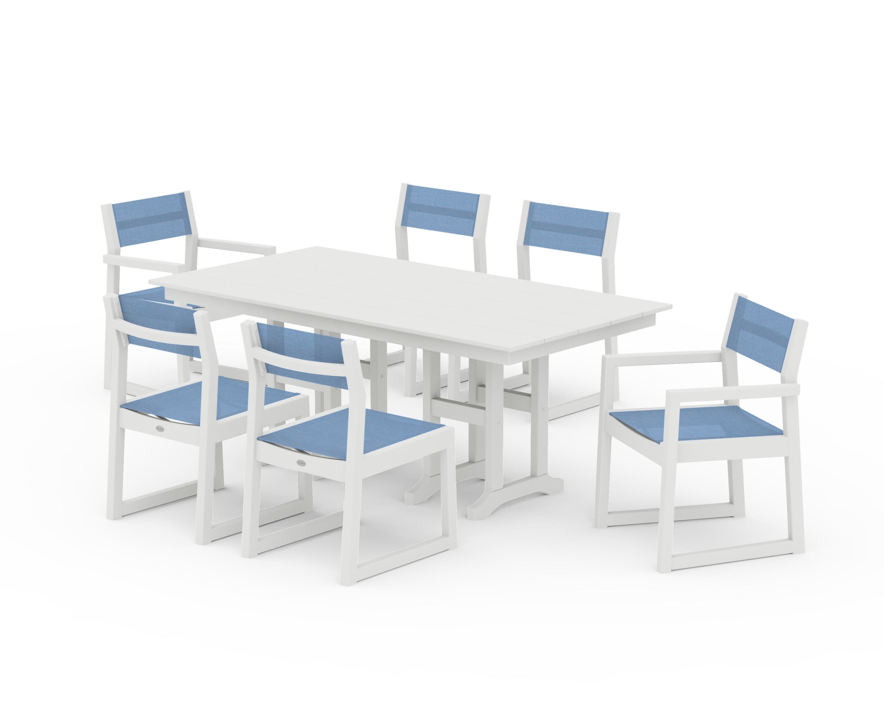 EDGE Sling 7-Piece Farmhouse Dining Set in Vintage White / Poolside Sling