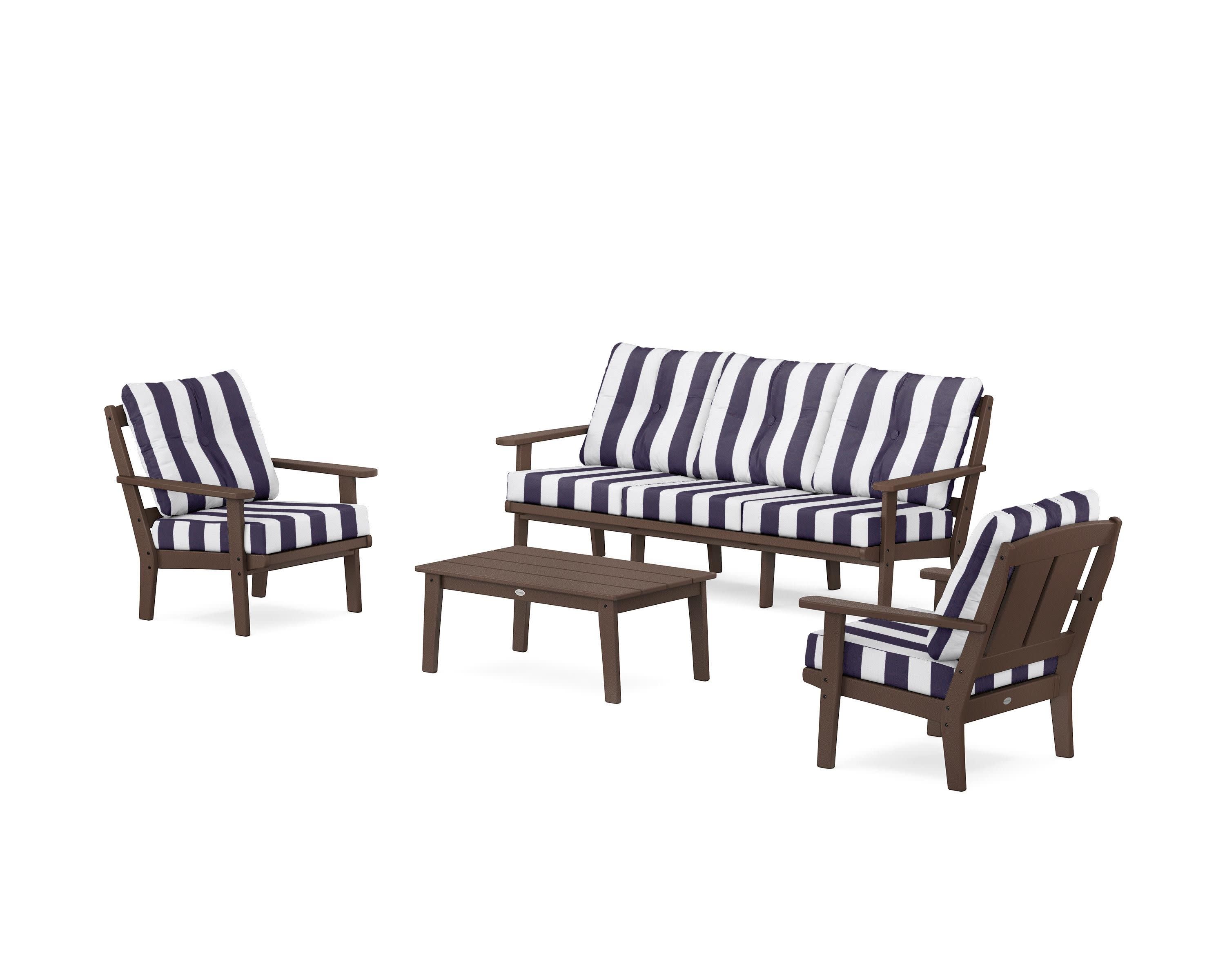 Mission 4-Piece Deep Seating Set with Sofa in Mahogany / Cabana Stripe Navy