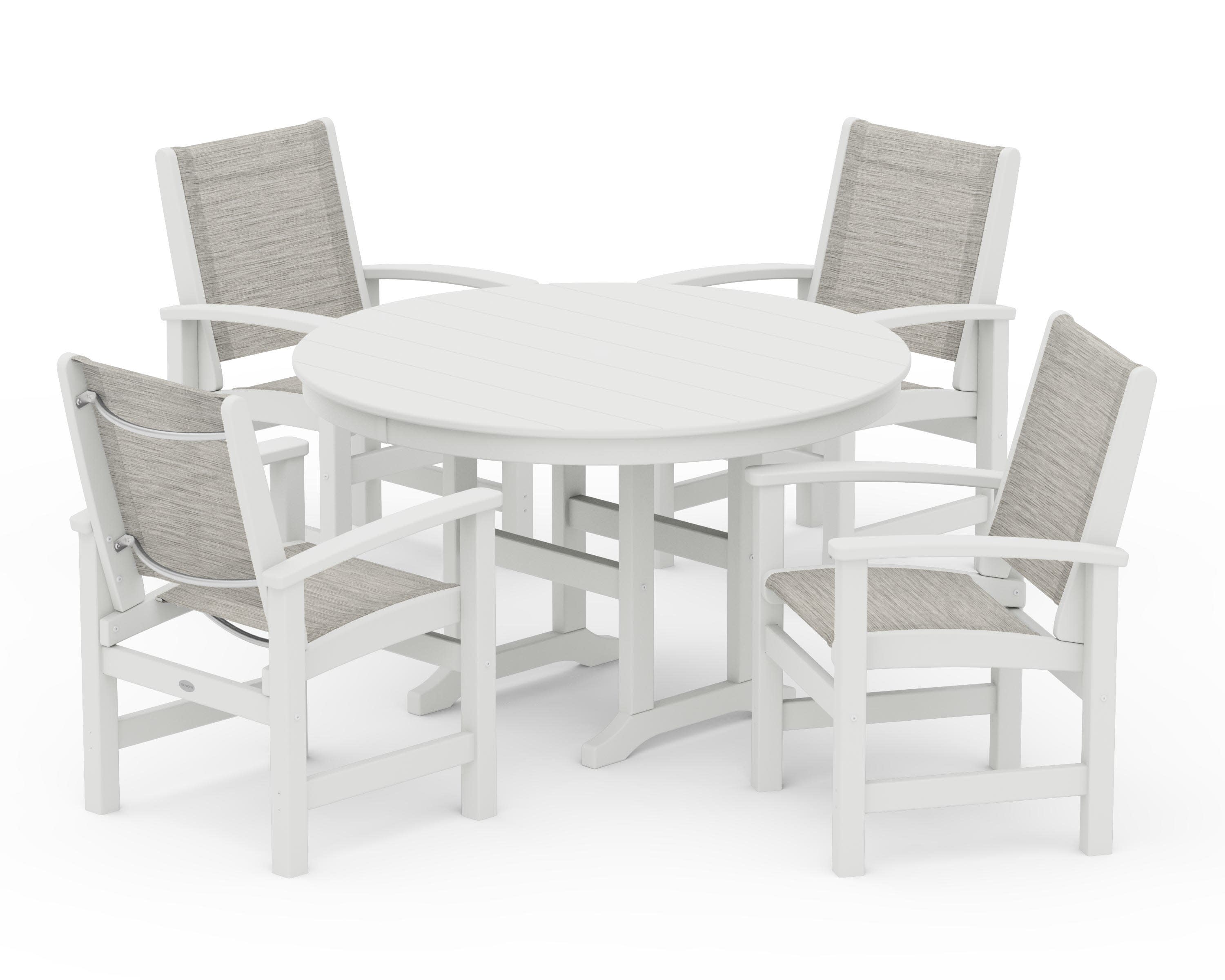 Coastal 5-Piece Round Farmhouse Dining Set in Vintage White / Birch Sling