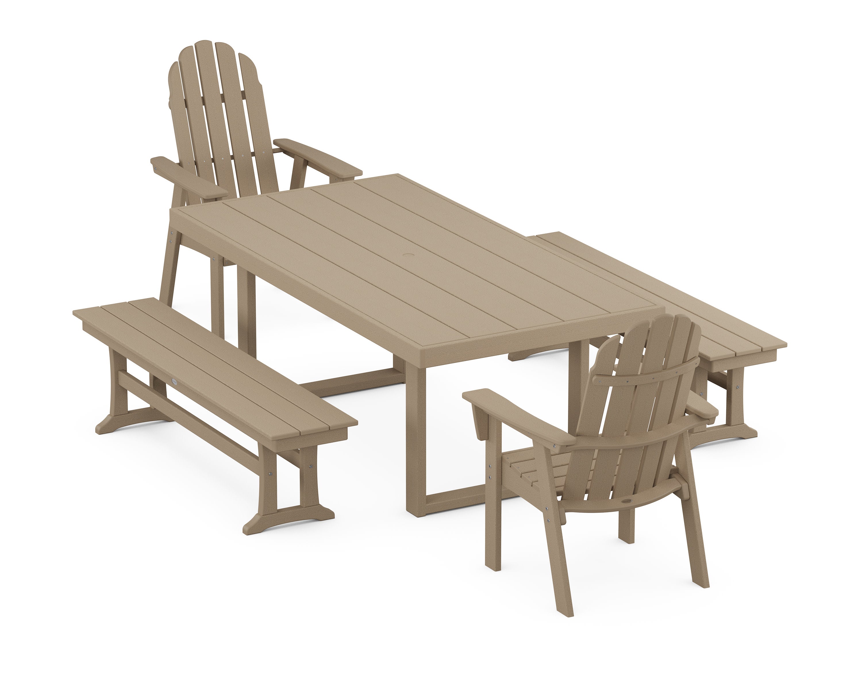 Vineyard Adirondack 5-Piece Dining Set with Benches in Vintage Sahara