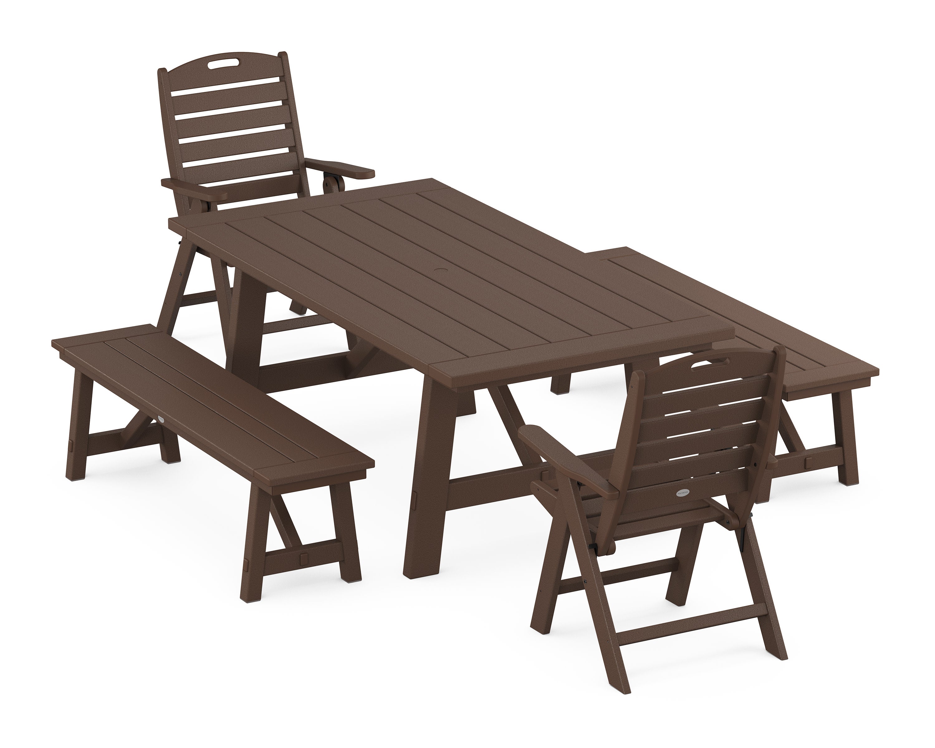 Nautical Folding Highback Chair 5-Piece Rustic Farmhouse Dining Set With Benches in Mahogany