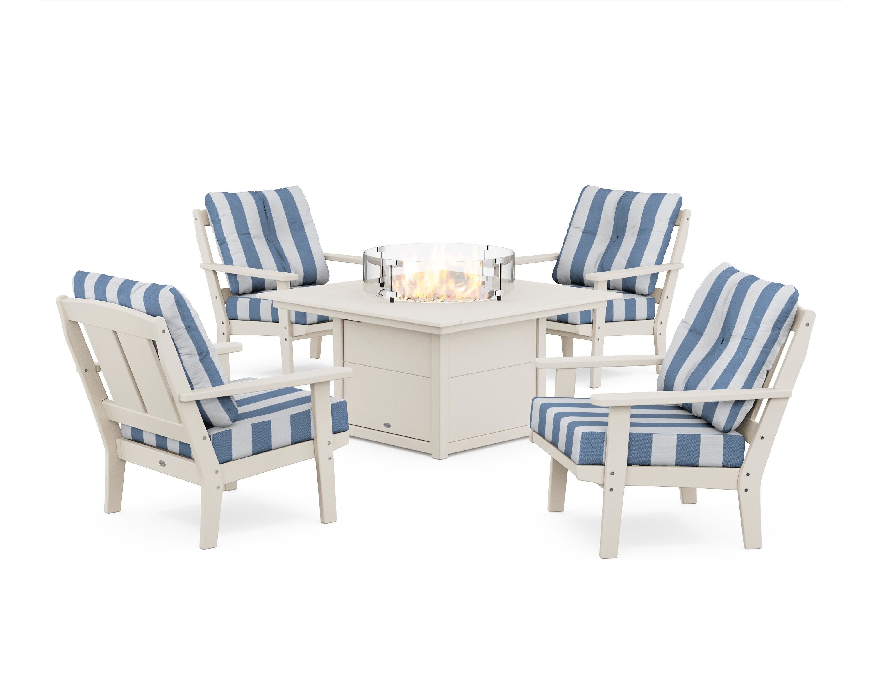 Mission 5-Piece Deep Seating Set with Fire Pit Table in Sand / Cabana Stripe Sky Blue