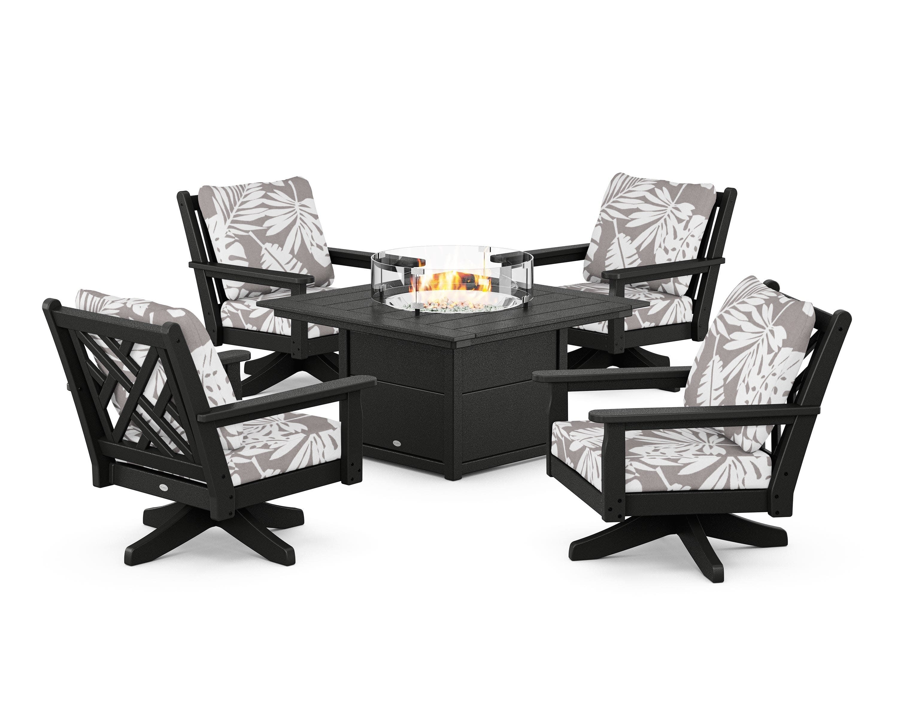 Chippendale 5-Piece Deep Seating Swivel Conversation Set with Fire Pit Table in Black / Leaf Grey Mist