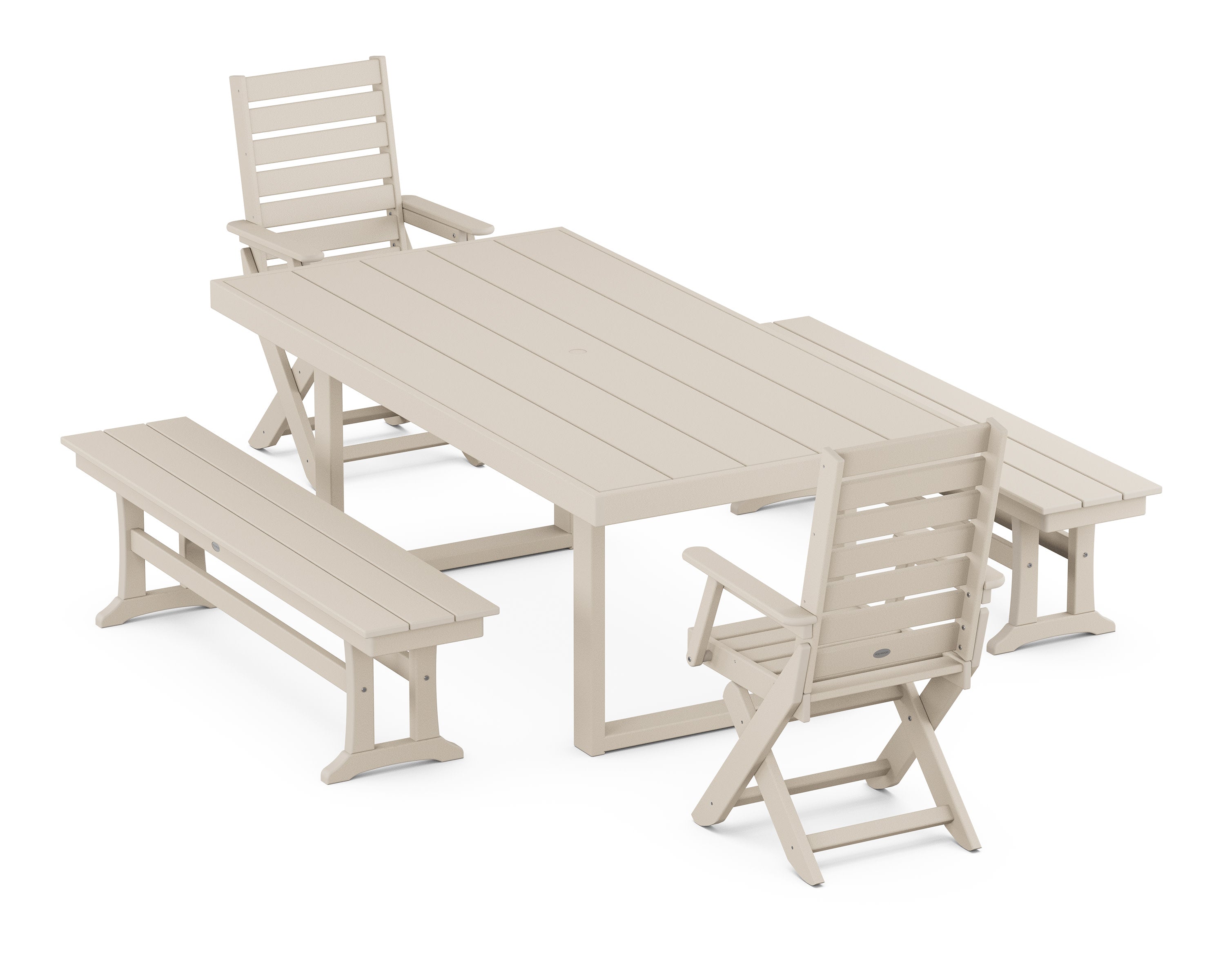 Captain Folding Chair 5-Piece Dining Set with Benches in Sand