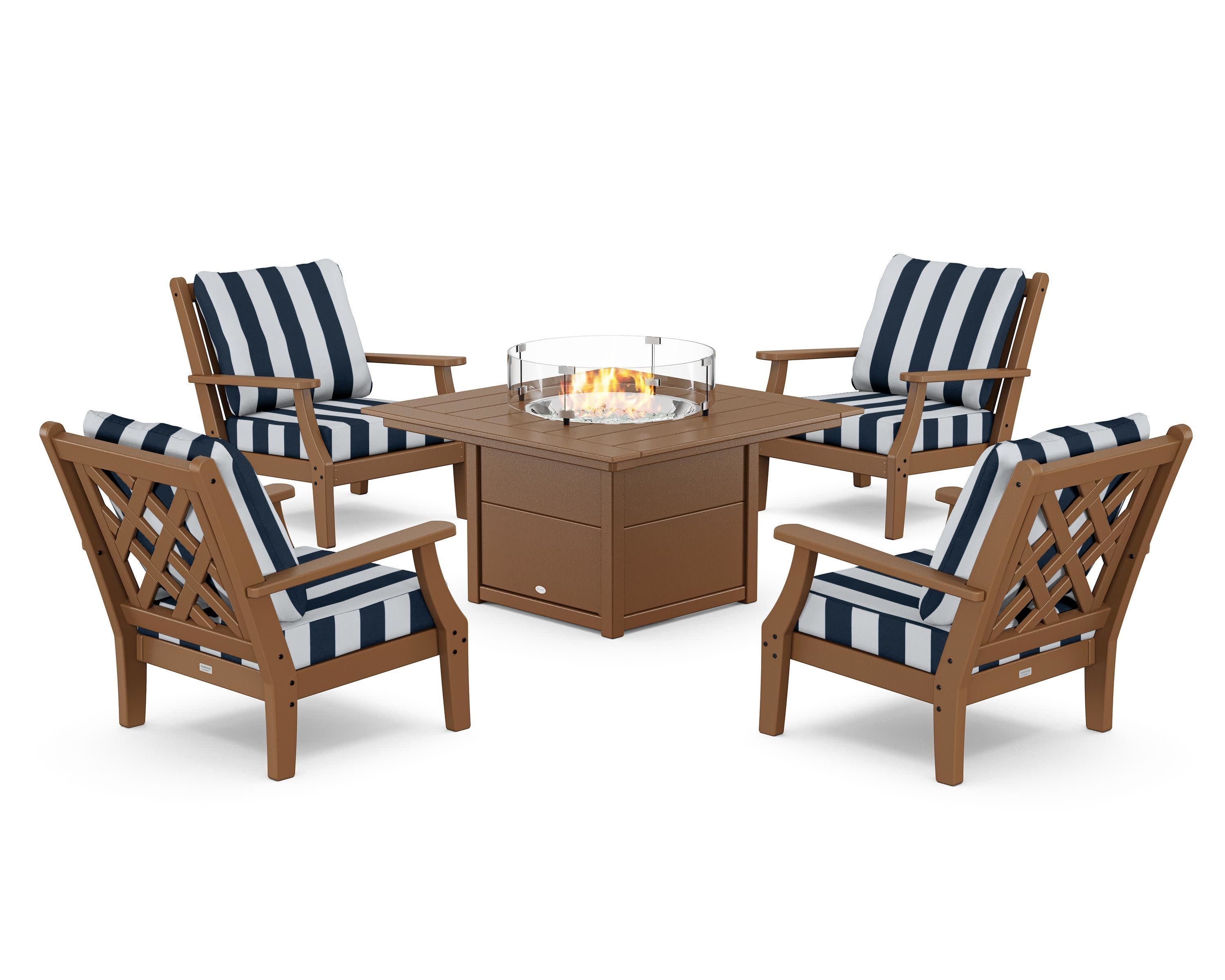 Wovendale 5-Piece Deep Seating Set with Fire Pit Table in Teak / Cabana Stripe Marine Indigo