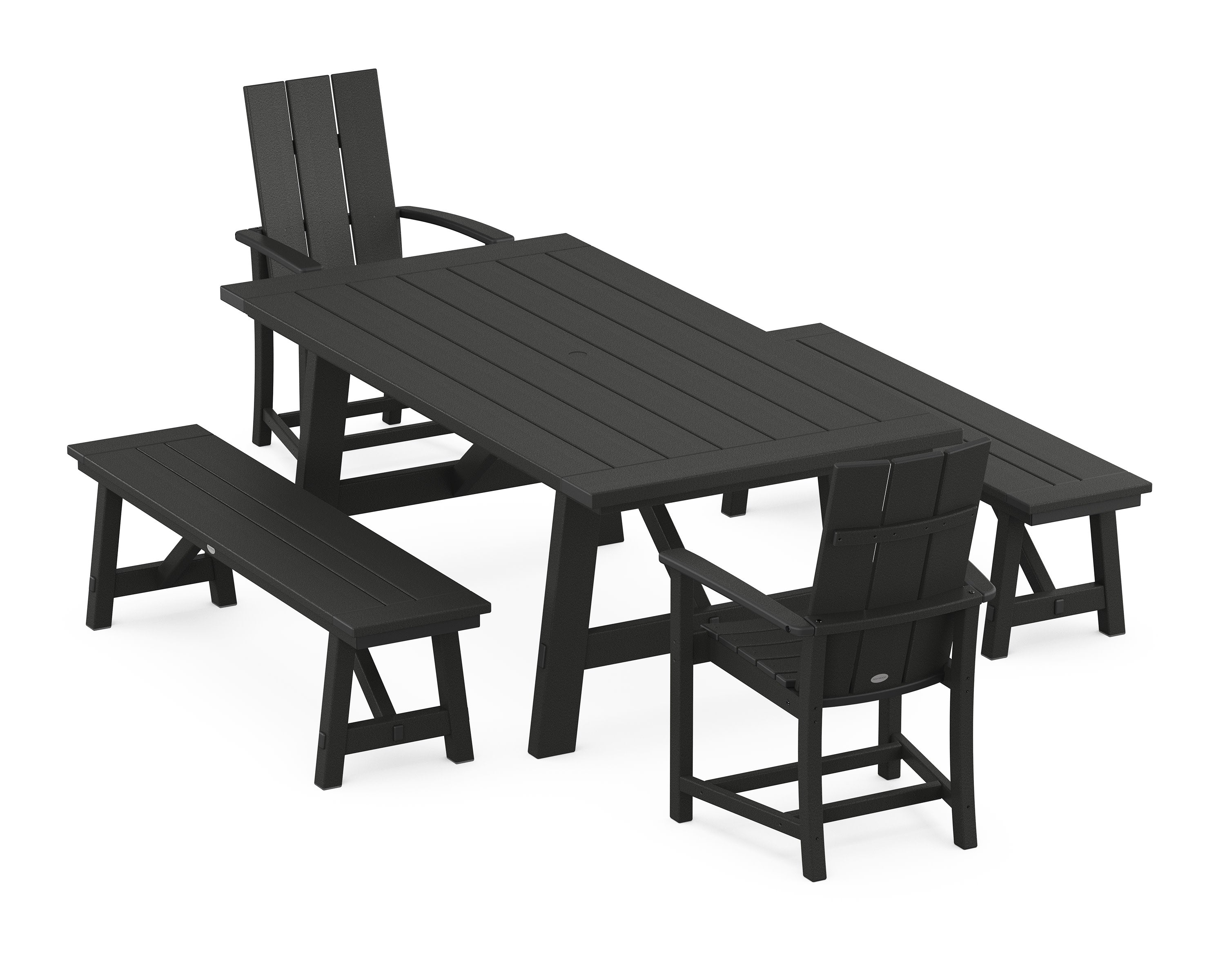 Modern Adirondack 5-Piece Rustic Farmhouse Dining Set With Benches in Black