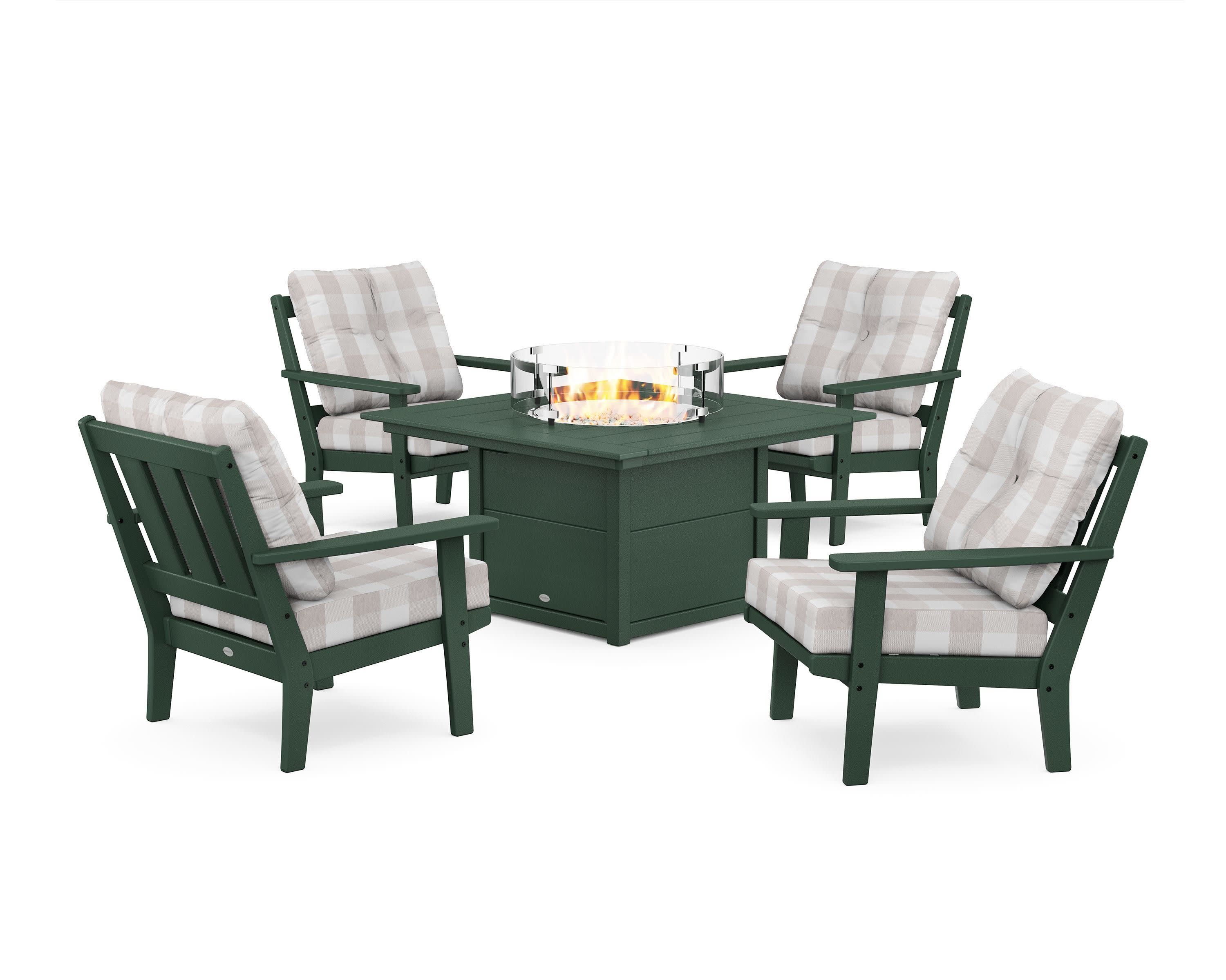 Oxford 5-Piece Deep Seating Set with Fire Pit Table in Green / Buffalo Plaid Dune Burlap