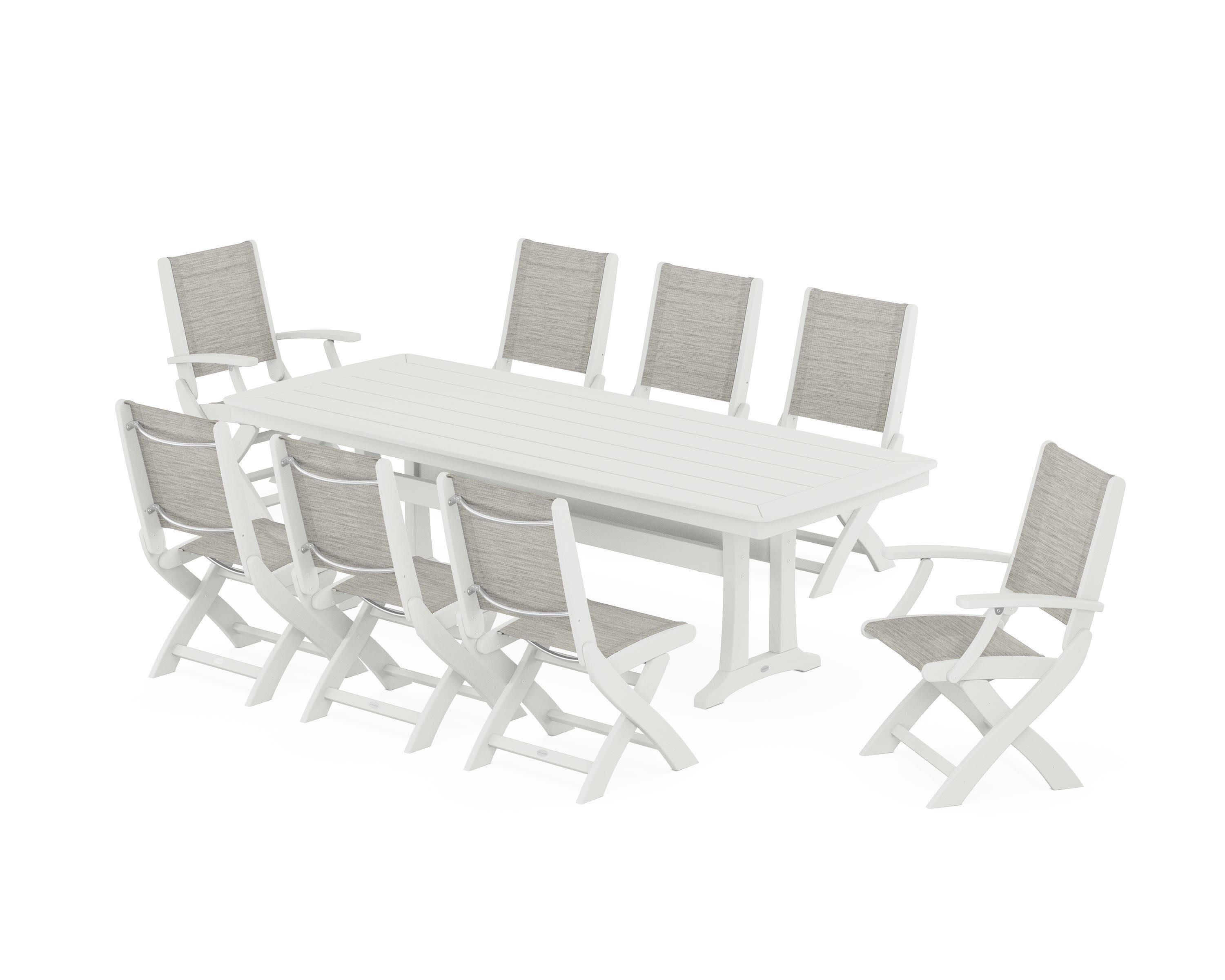 Coastal Folding 9-Piece Dining Set with Trestle Legs in Vintage White / Birch Sling