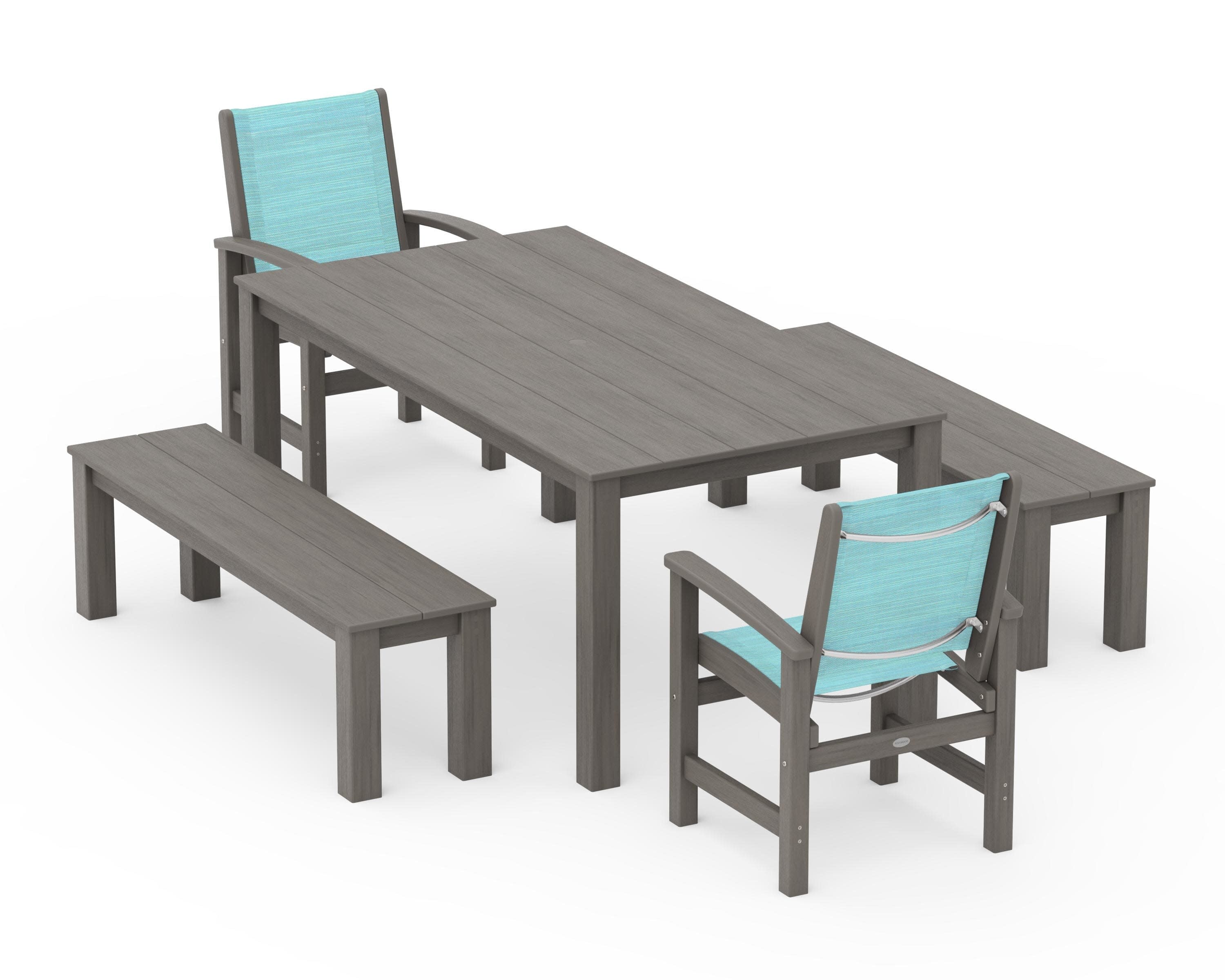 Coastal 5-Piece Parsons Dining Set with Benches in Driftwood / Dupioni Aquamarine Sling