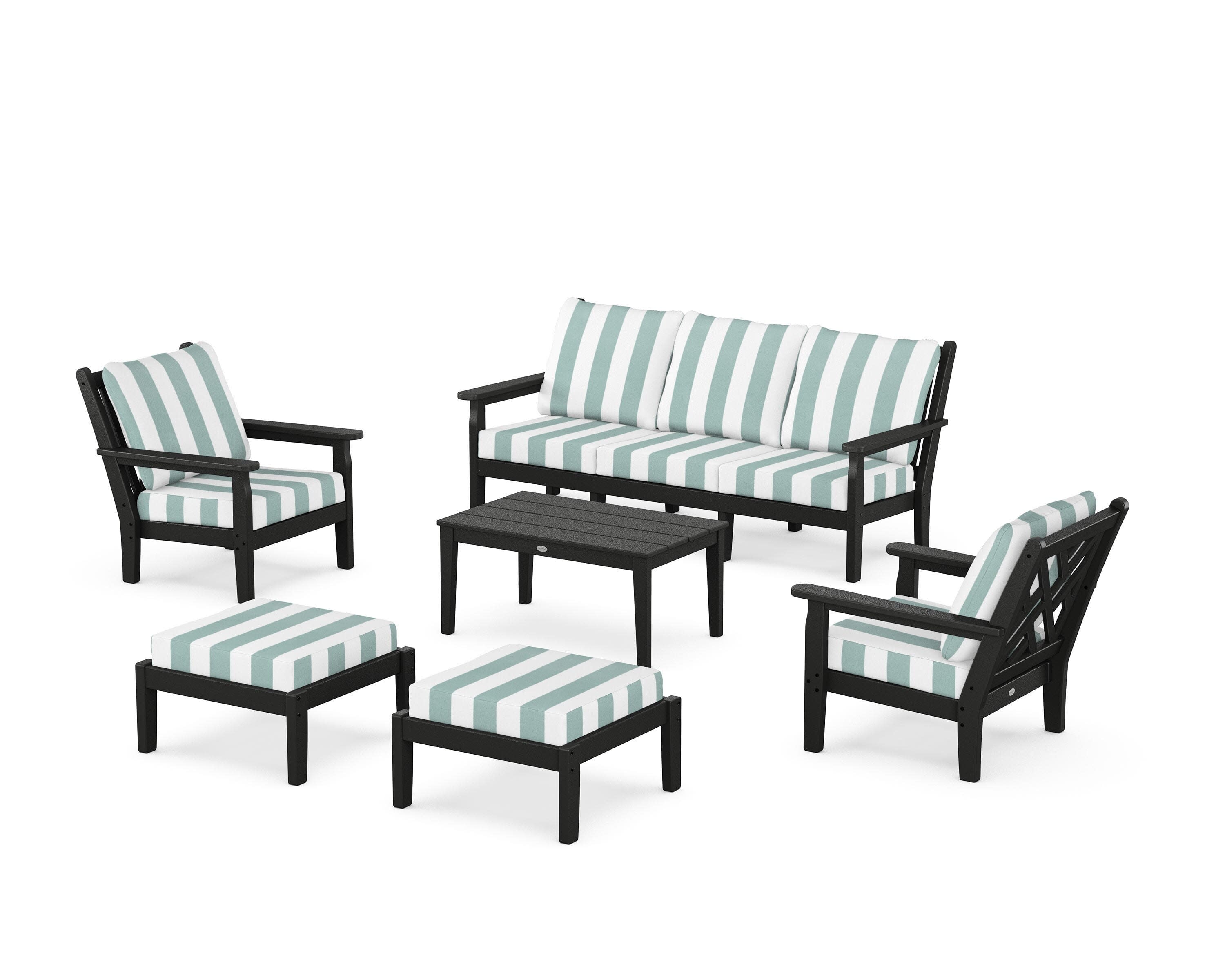 Chippendale 6-Piece Lounge Sofa Set in Black / Cabana Stripe Glacier Spa
