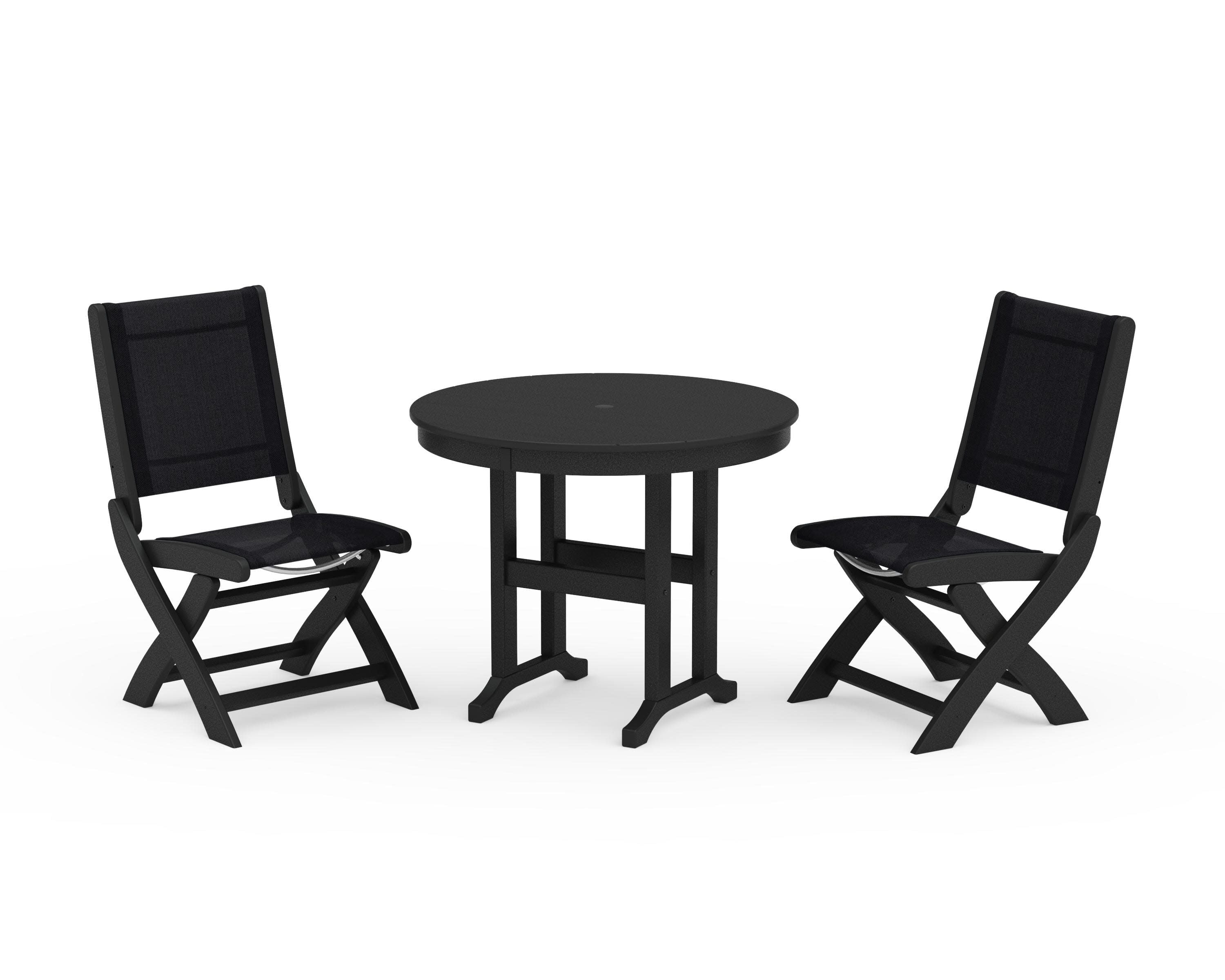 Coastal Folding Side Chair 3-Piece Round Dining Set in Black / Black Sling