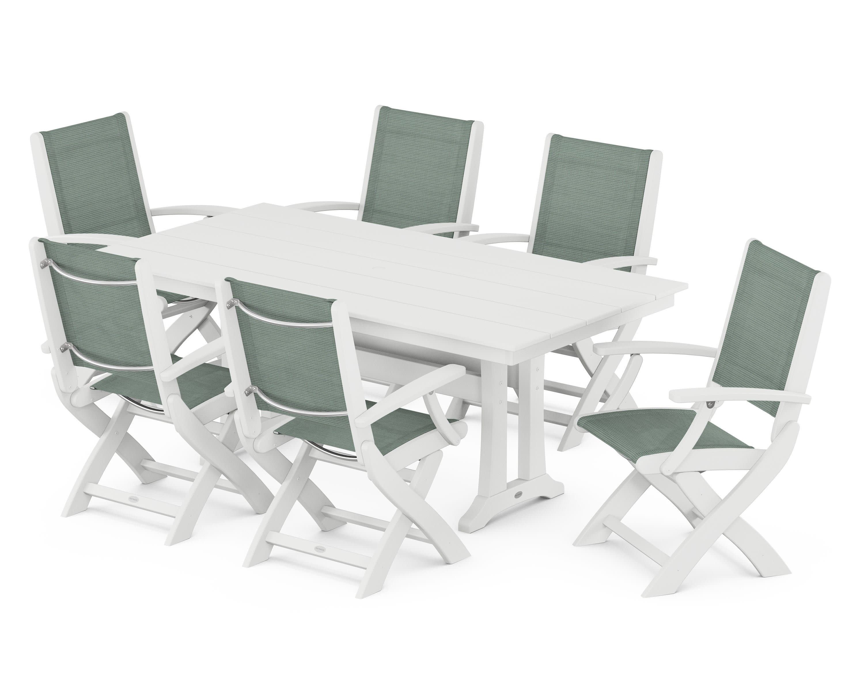 Coastal Folding Arm Chair 7-Piece Farmhouse Dining Set with Trestle Legs in White / Dupioni Sea Mist Sling