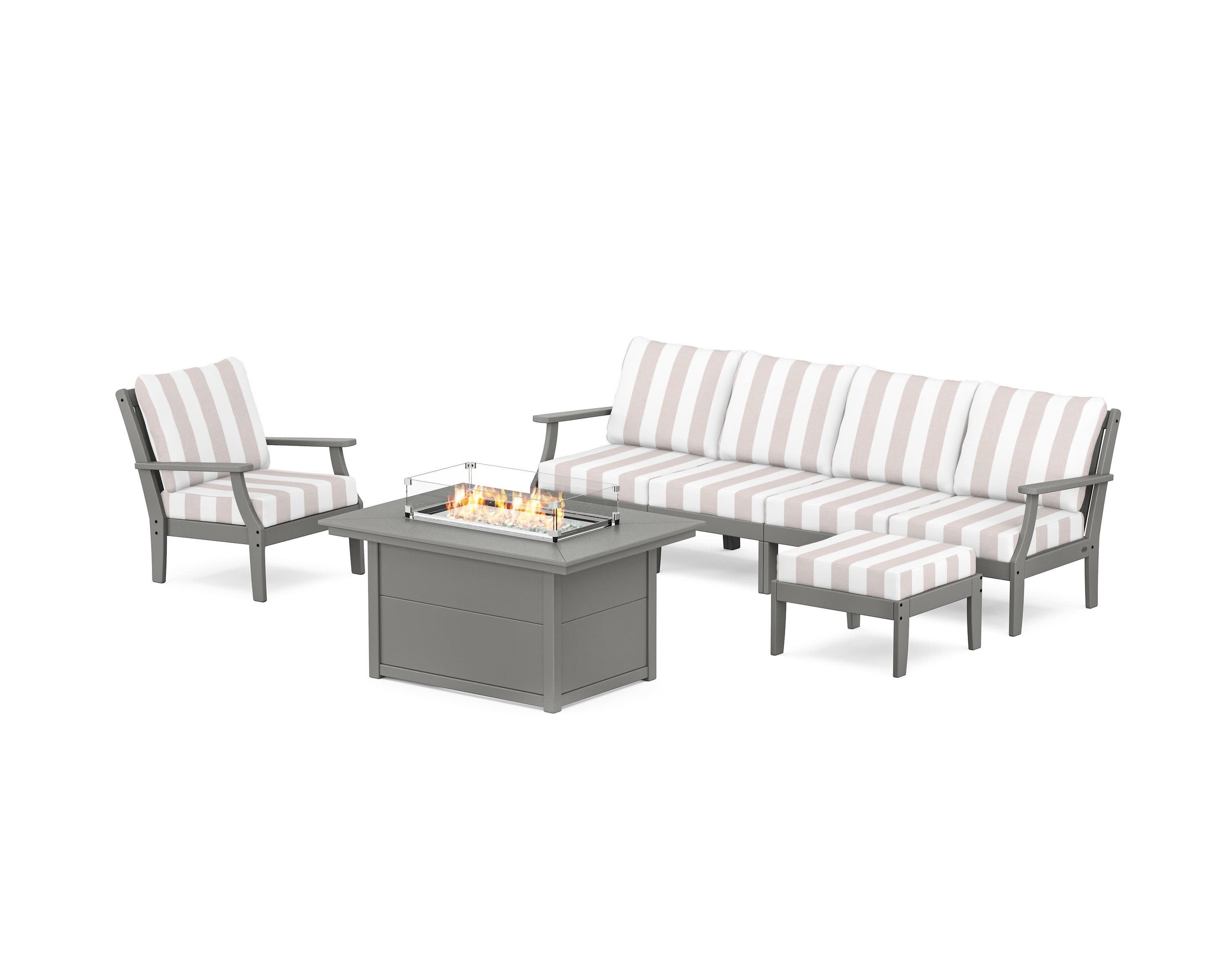 Braxton Sectional Lounge and Fire Pit Set in Slate Grey / Cabana Stripe Dune Burlap