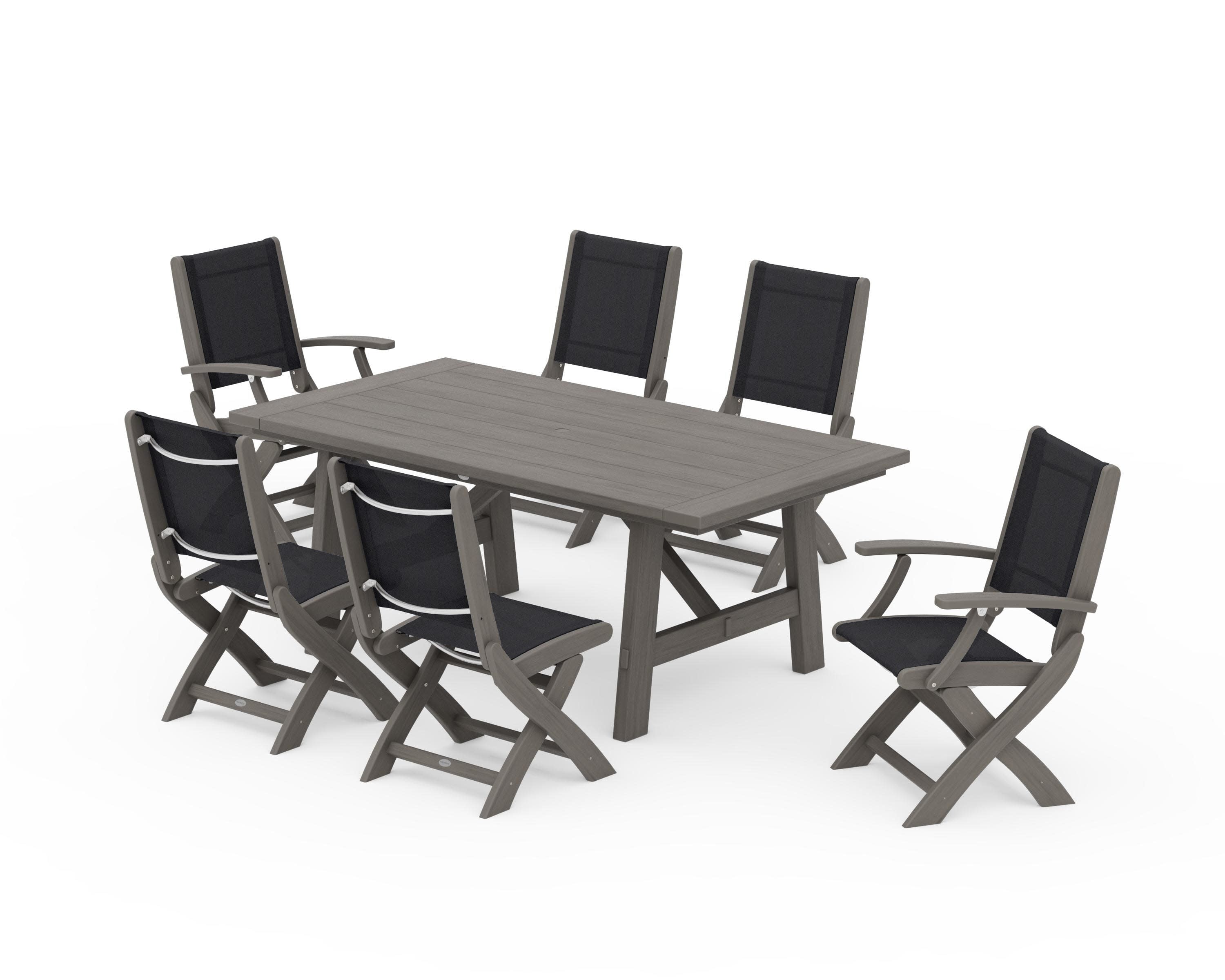 Coastal Folding Chair 7-Piece Rustic Farmhouse Dining Set in Driftwood / Black Sling