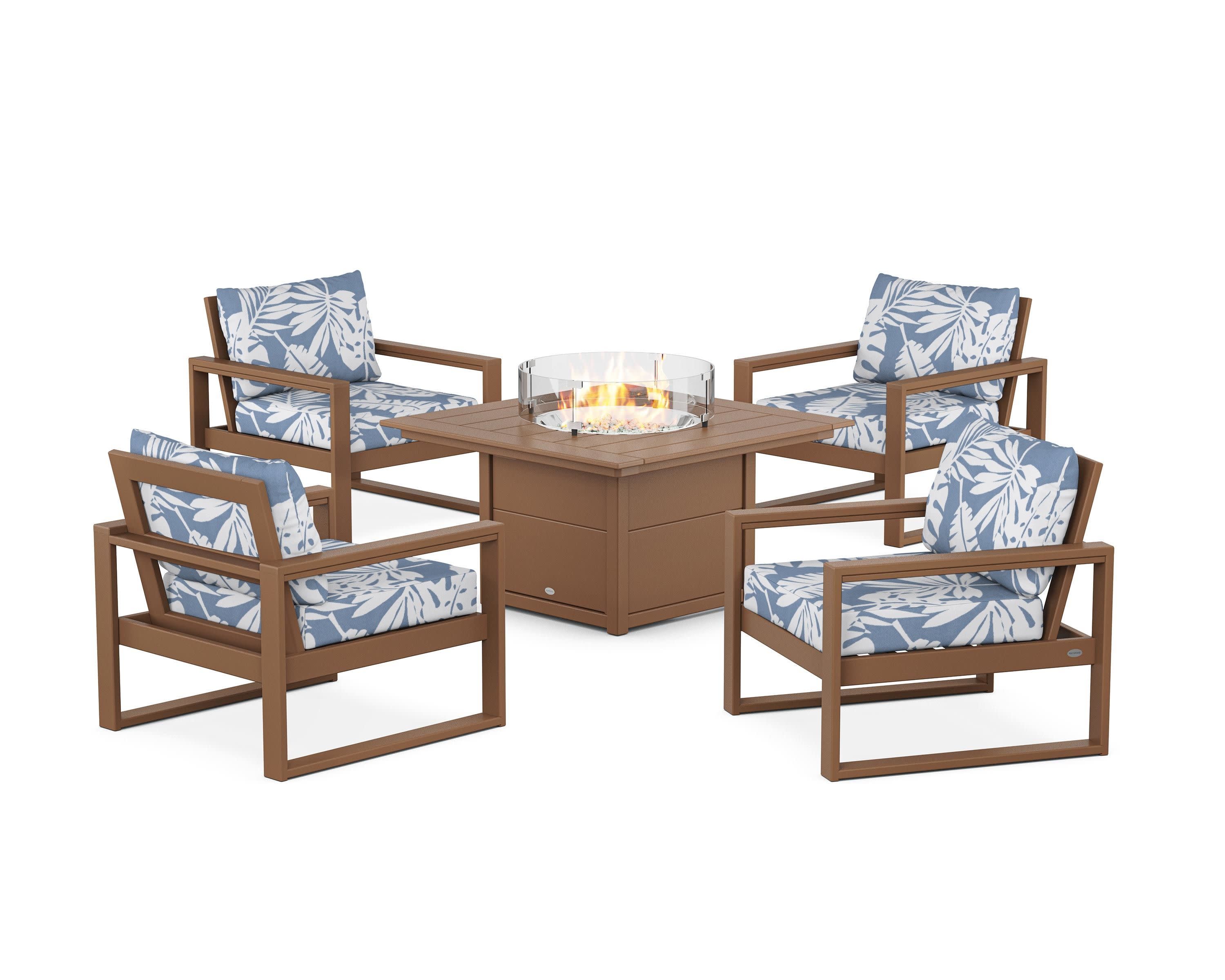 EDGE Sectional 5-Piece Deep Seating Set with Fire Pit Table in Teak / Leaf Sky Blue