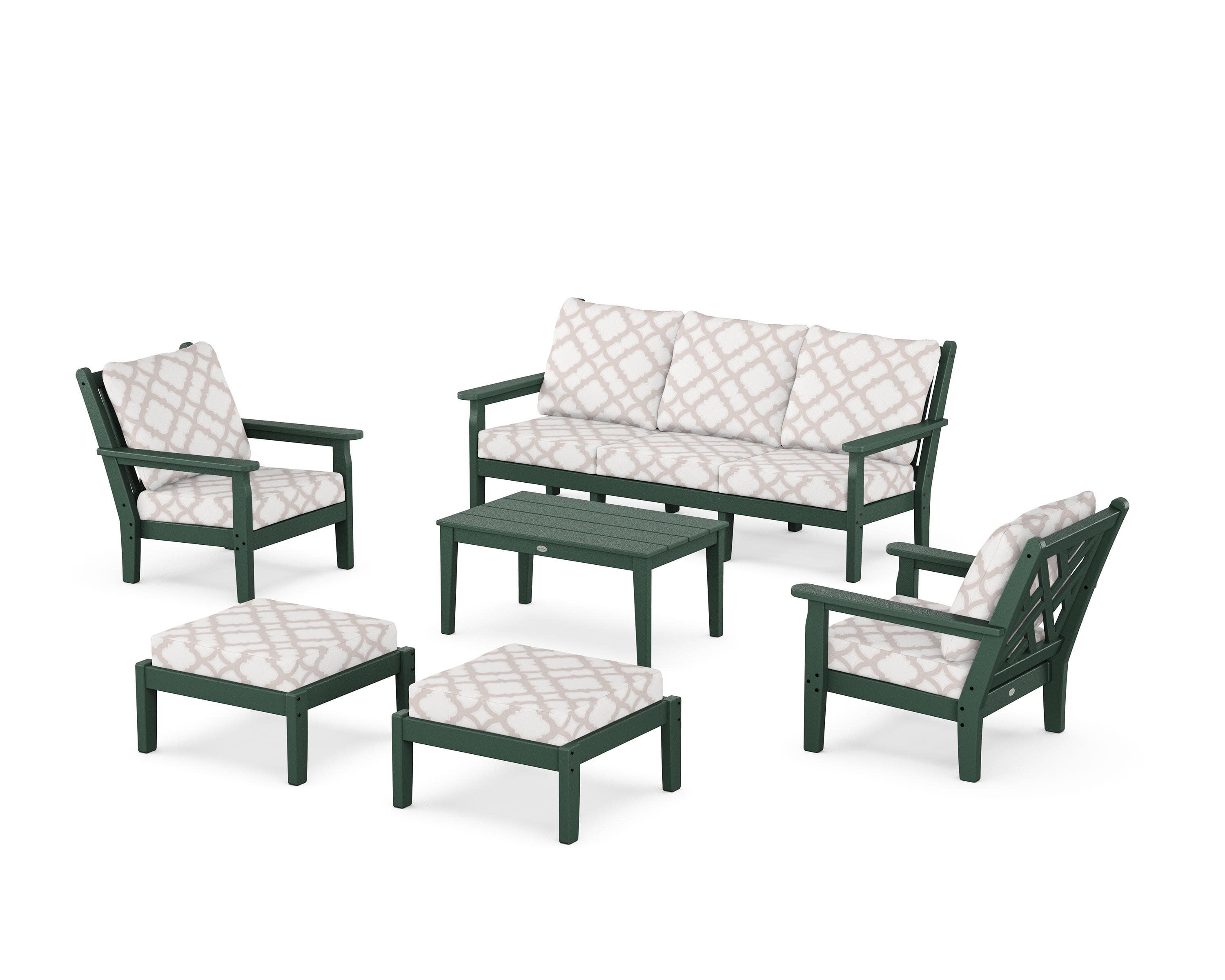 Chippendale 6-Piece Lounge Sofa Set in Green / Trellis Dune Burlap