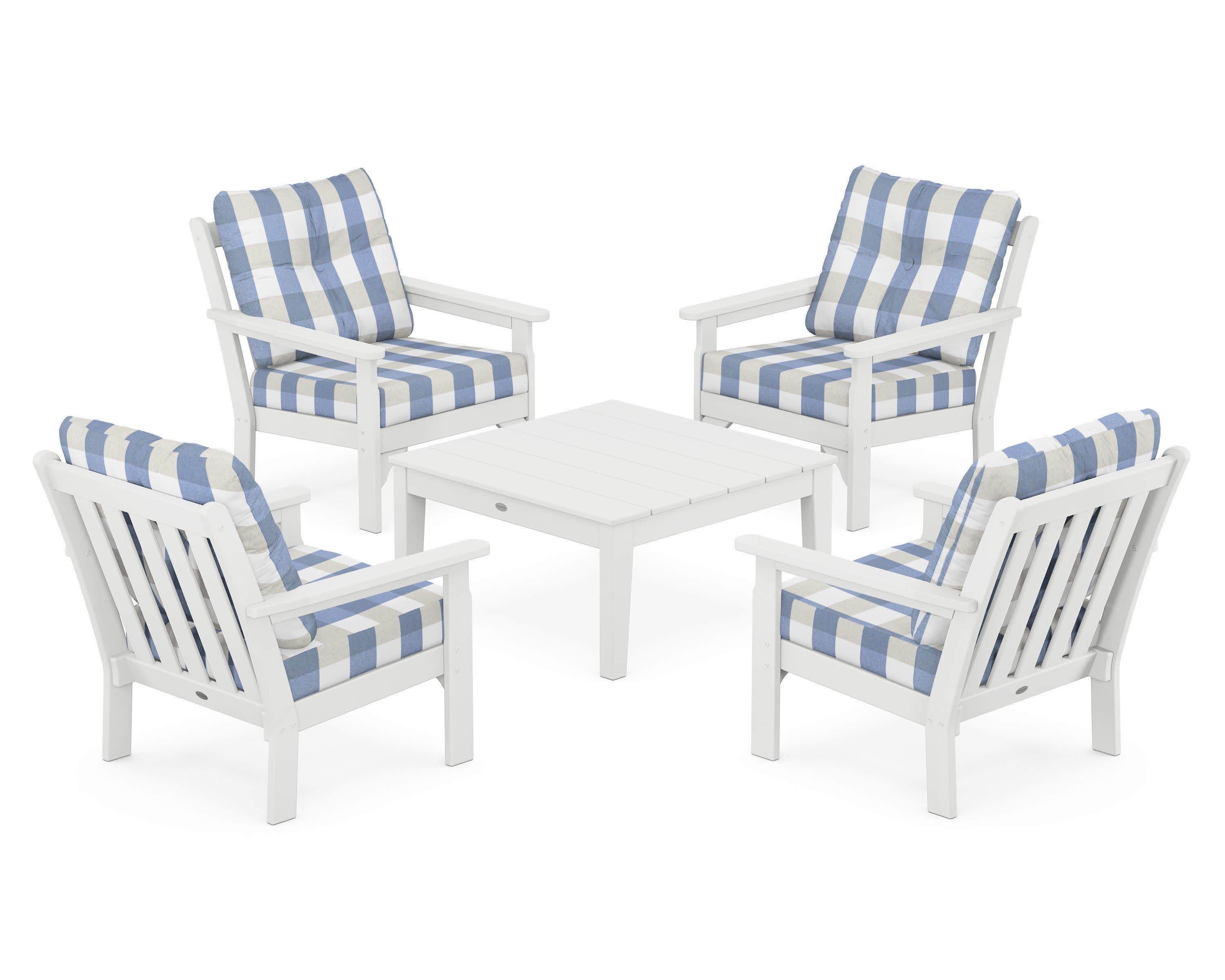 Vineyard 5-Piece Deep Seating Conversation Set in White / Buffalo Plaid Sky Blue