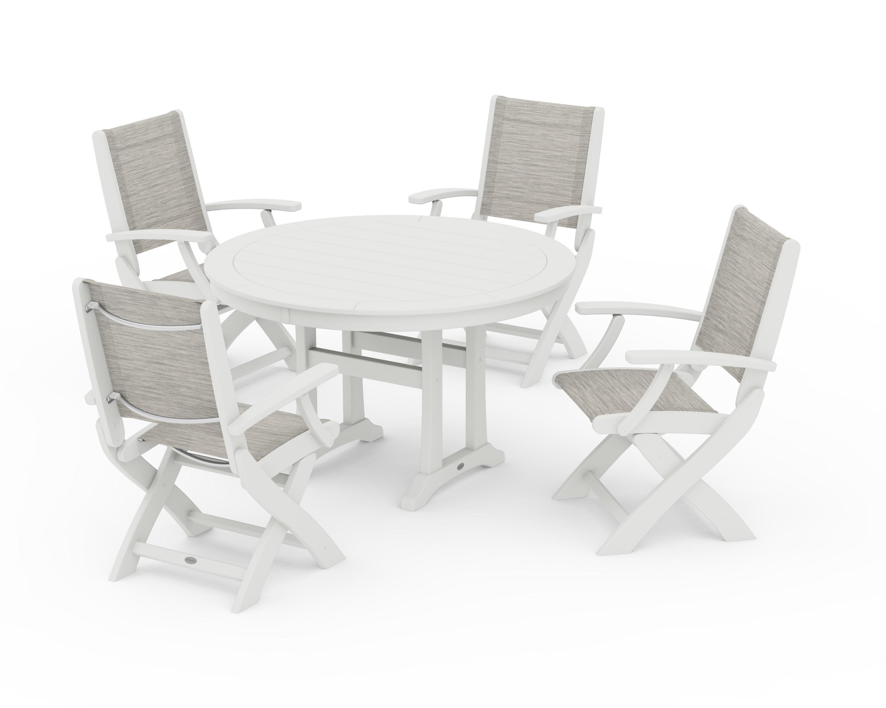 Coastal Folding Chair 5-Piece Round Dining Set with Trestle Legs in Vintage White / Birch Sling