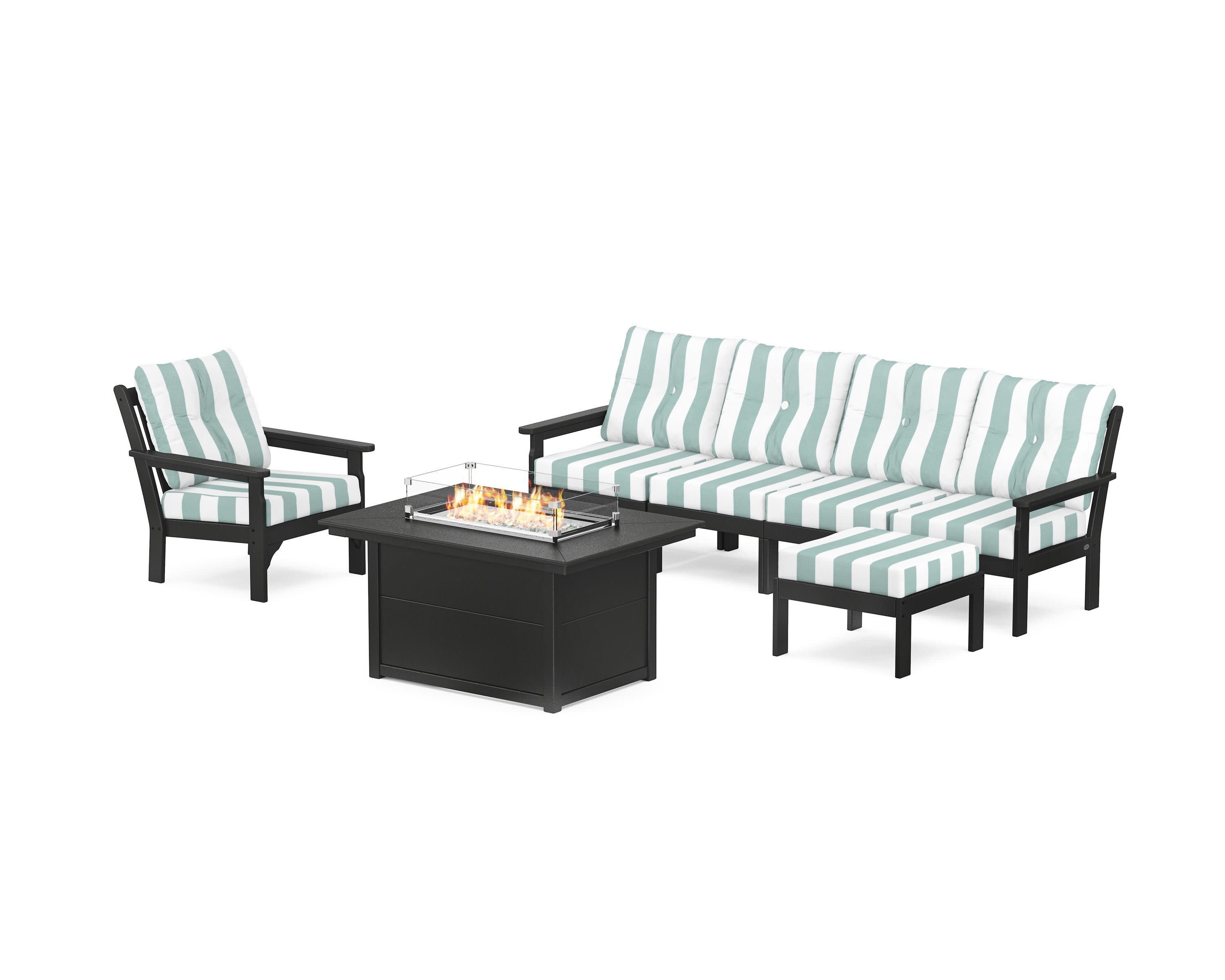 Vineyard Sectional Lounge and Fire Pit Set in Black / Cabana Stripe Glacier Spa