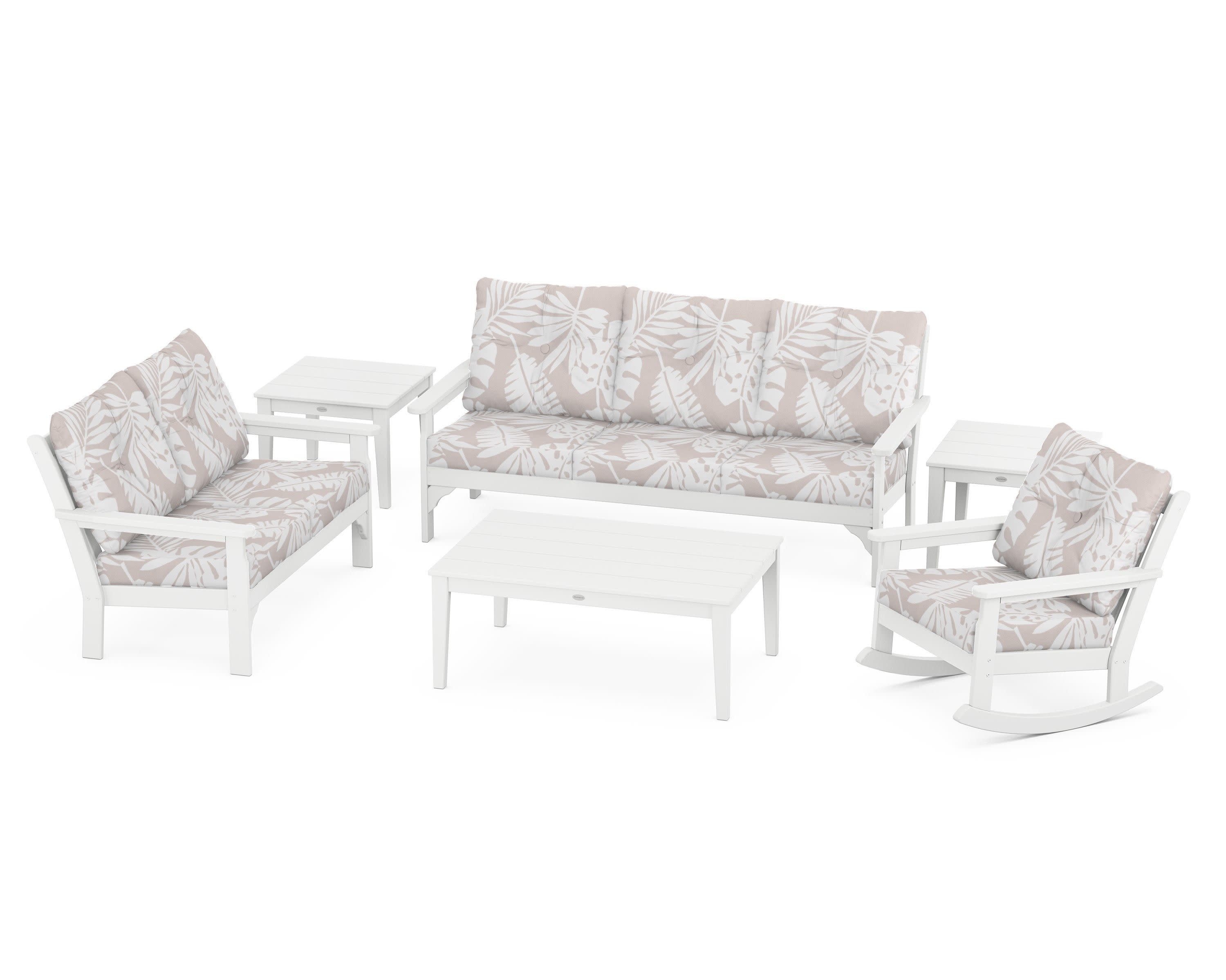 Vineyard 6-Piece Deep Seating Set in White / Leaf Dune Burlap