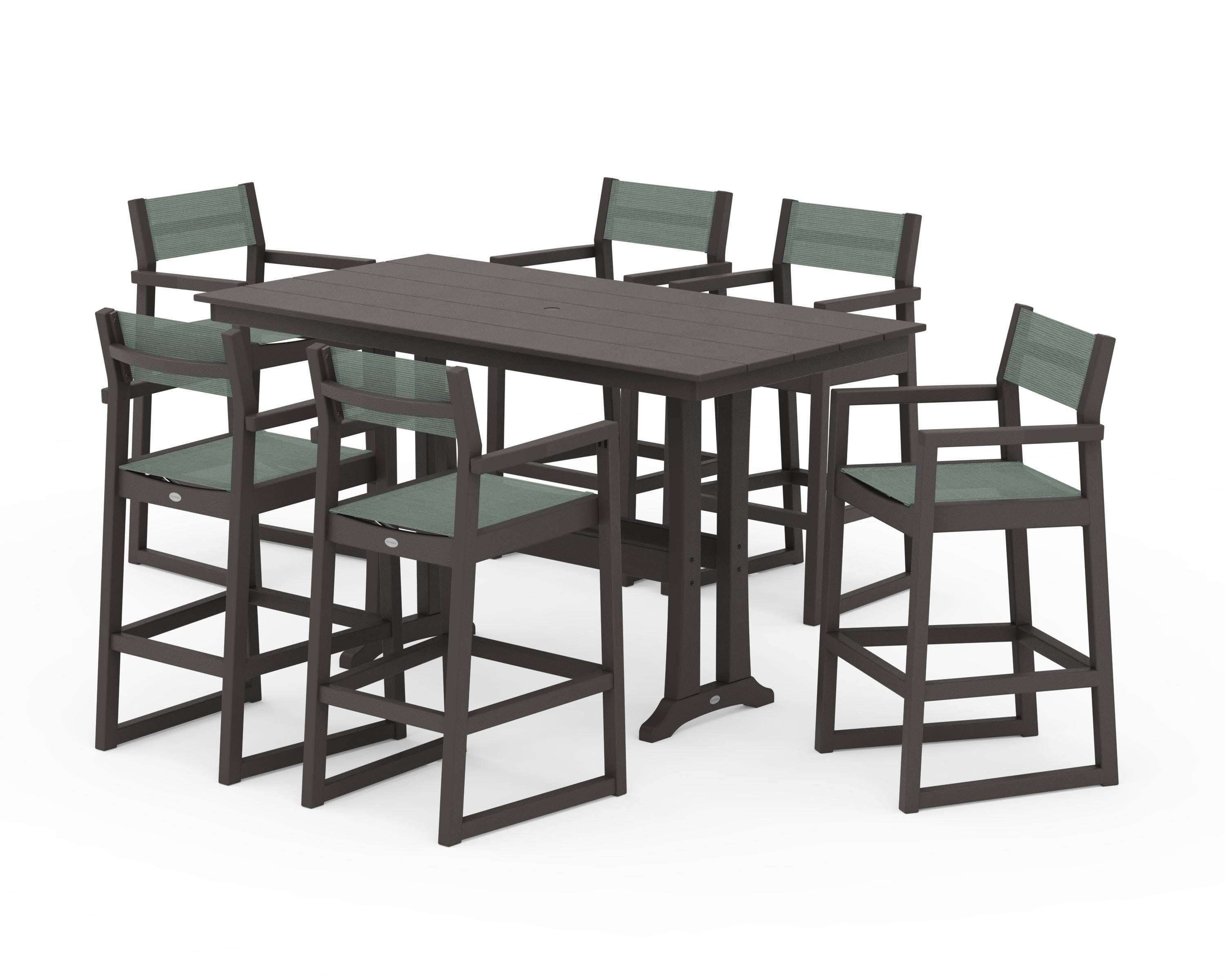 EDGE Sling Arm Chair 7-Piece Farmhouse Bar Set with Trestle Legs in Vintage Coffee / Dupioni Sea Mist Sling