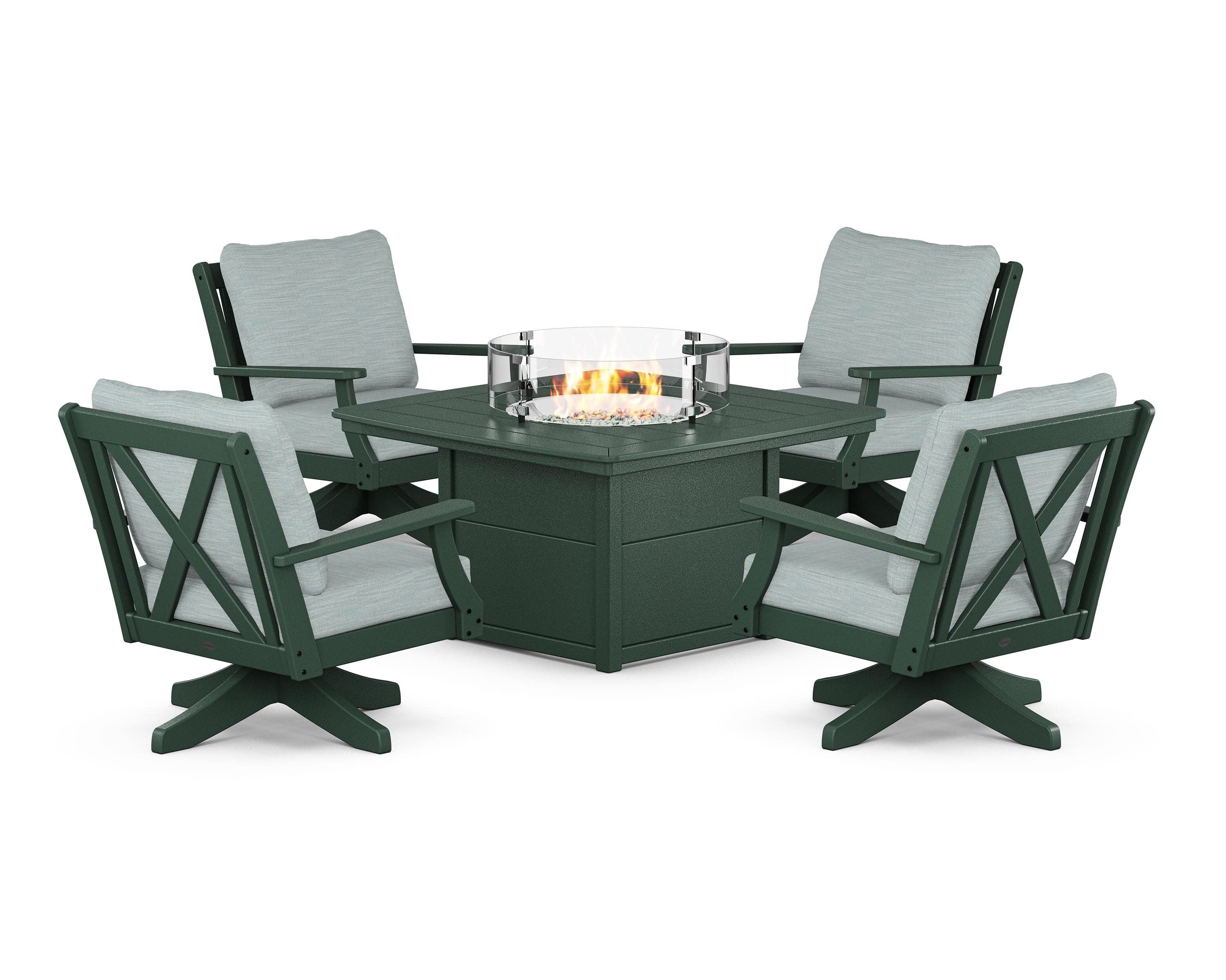 Braxton 5-Piece Deep Seating Swivel Conversation Set with Fire Pit Table in Green / Soothe Mist