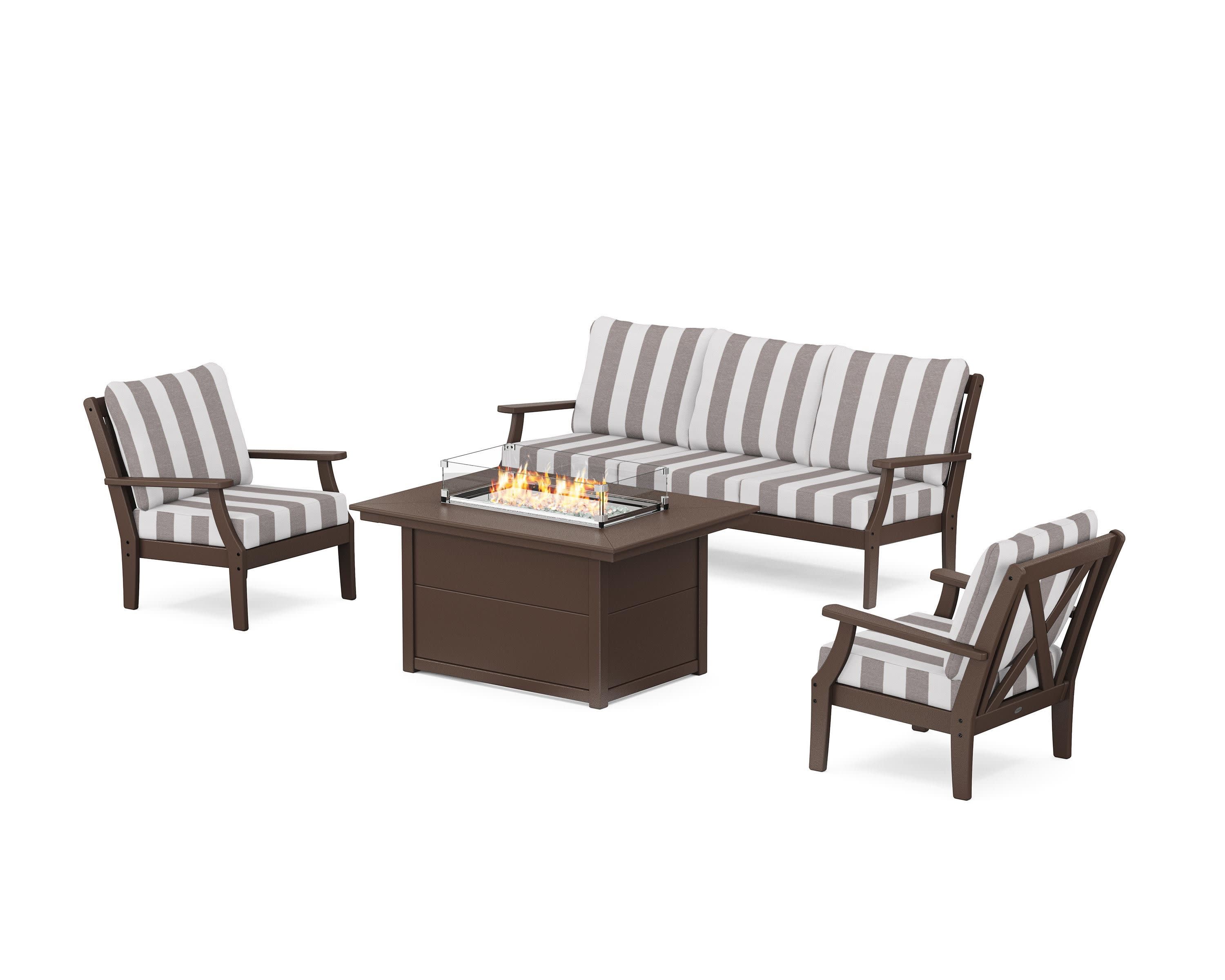 Braxton Deep Seating Fire Pit Table Set in Mahogany / Cabana Stripe Grey Mist