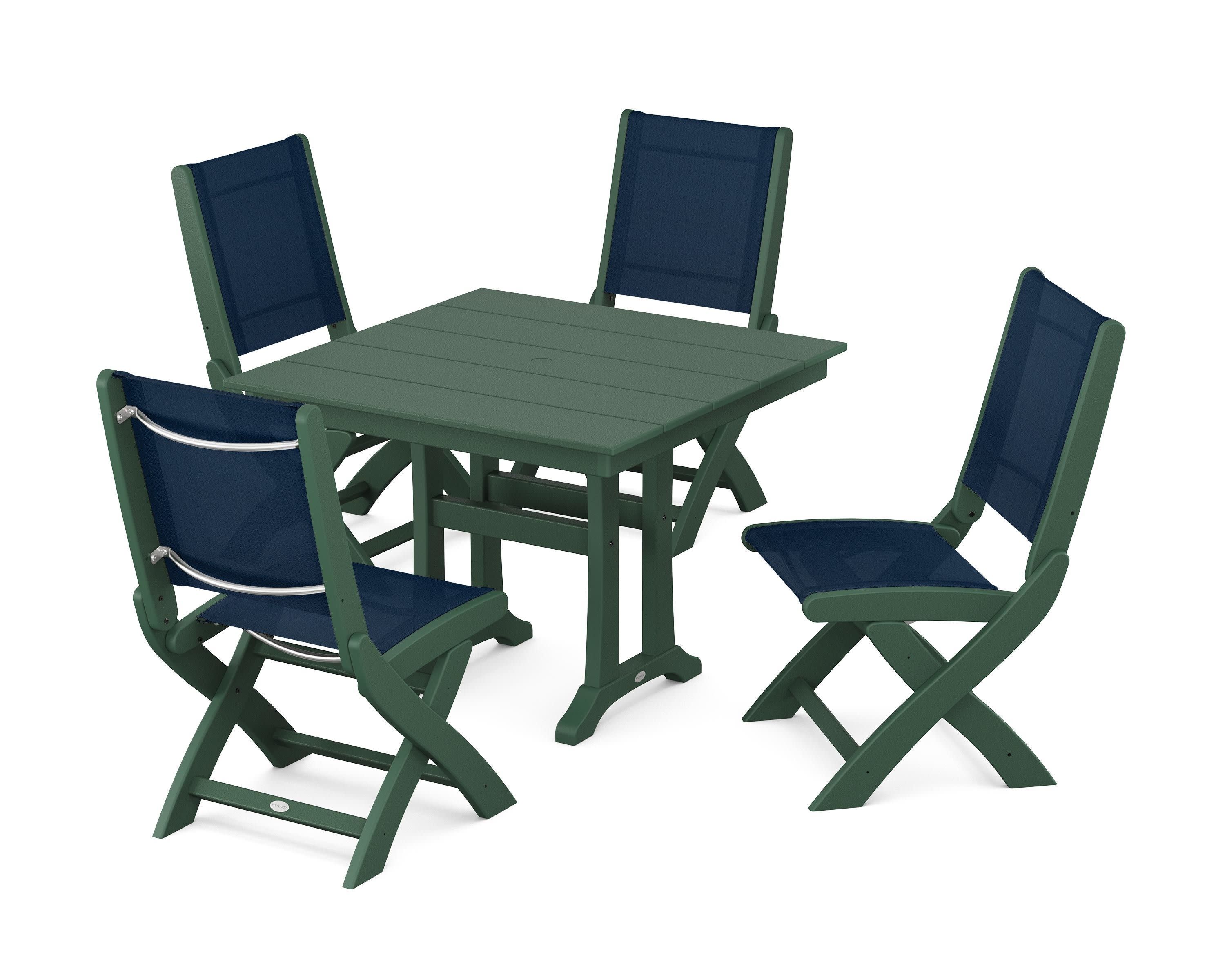 Coastal Folding Side Chair 5-Piece Farmhouse Dining Set With Trestle Legs in Green / Navy Blue Sling