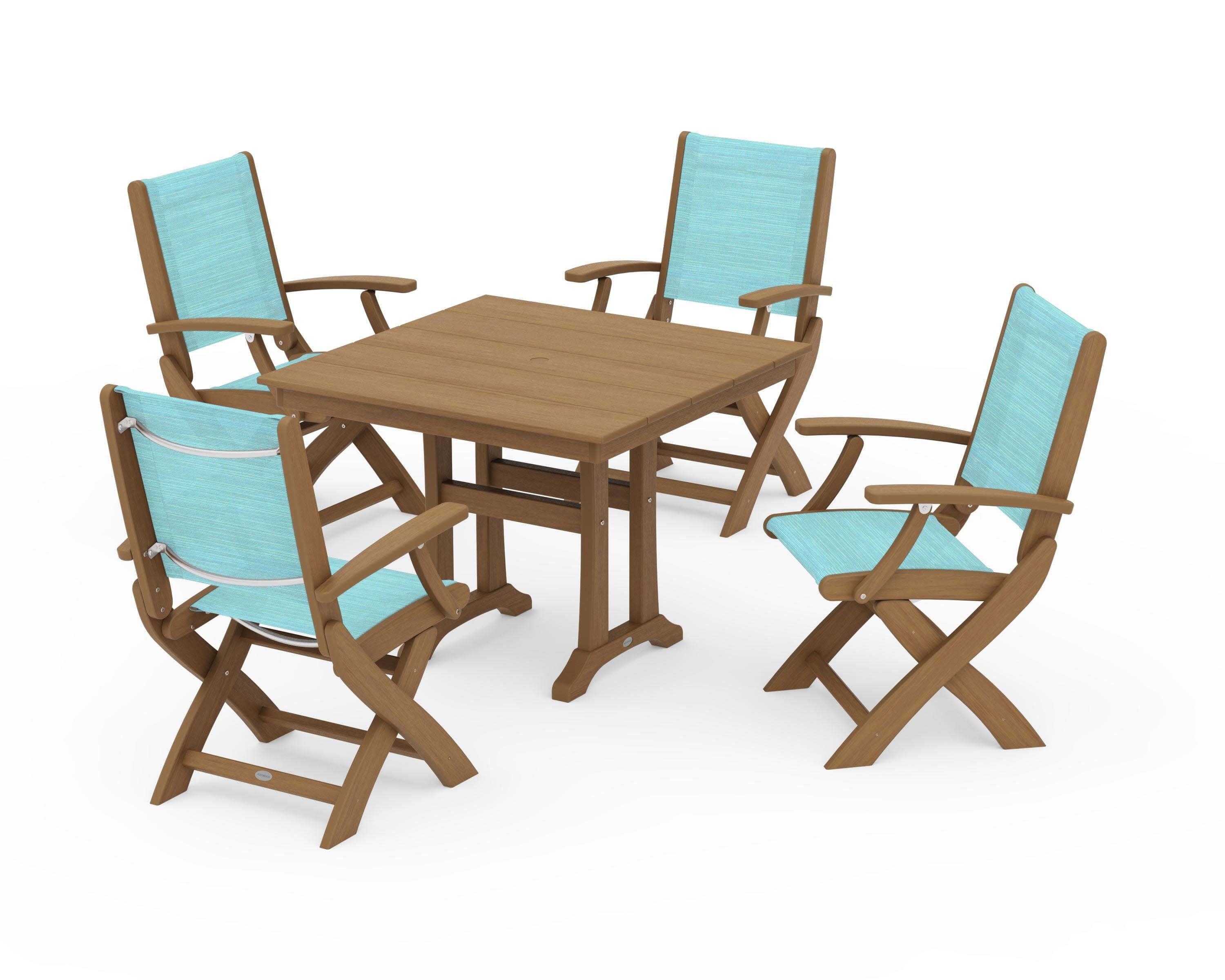 Coastal Folding Chair 5-Piece Farmhouse Dining Set With Trestle Legs in Natural / Dupioni Aquamarine Sling