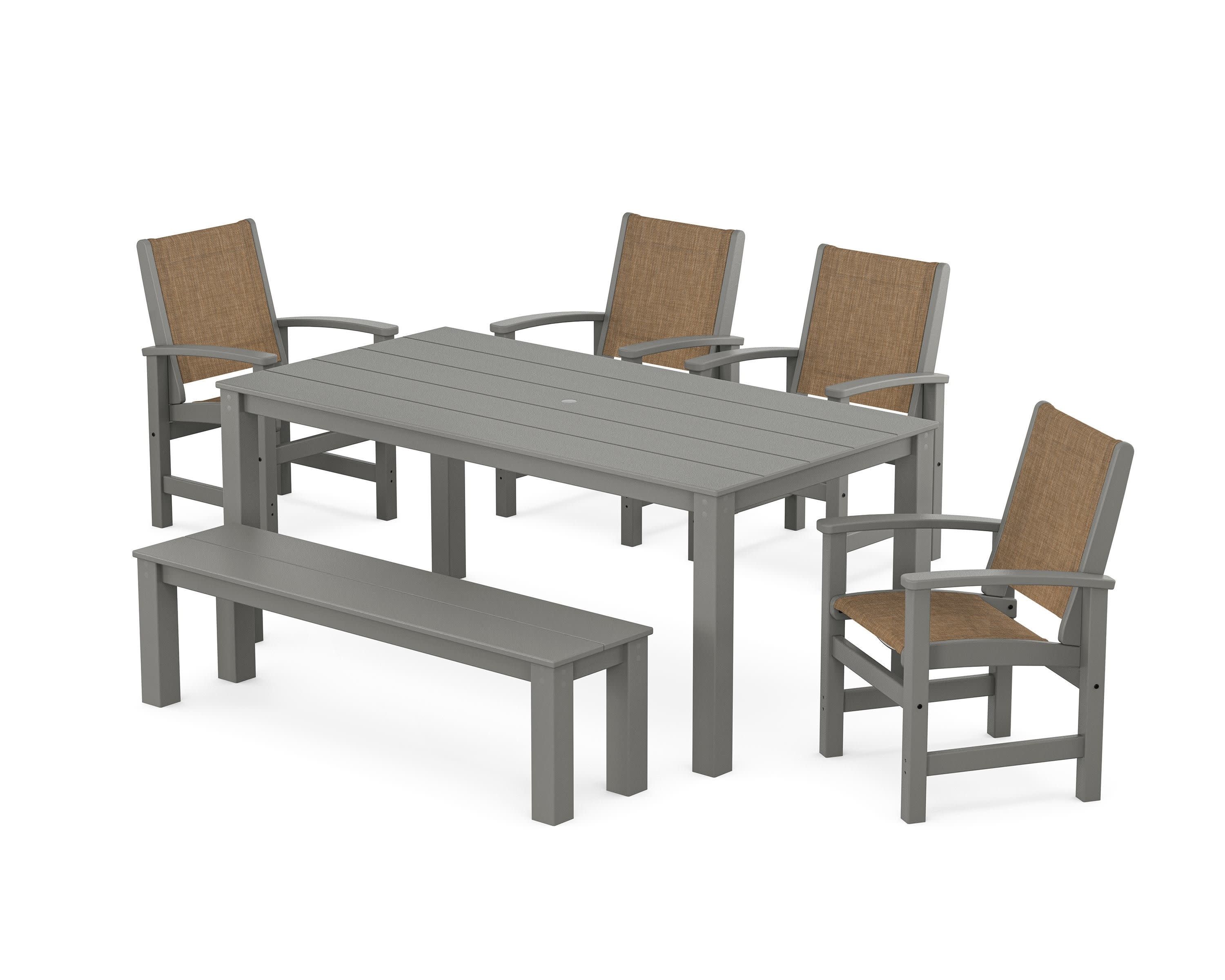 Coastal 6-Piece Parsons Dining Set with Bench in Slate Grey / Burlap Sling