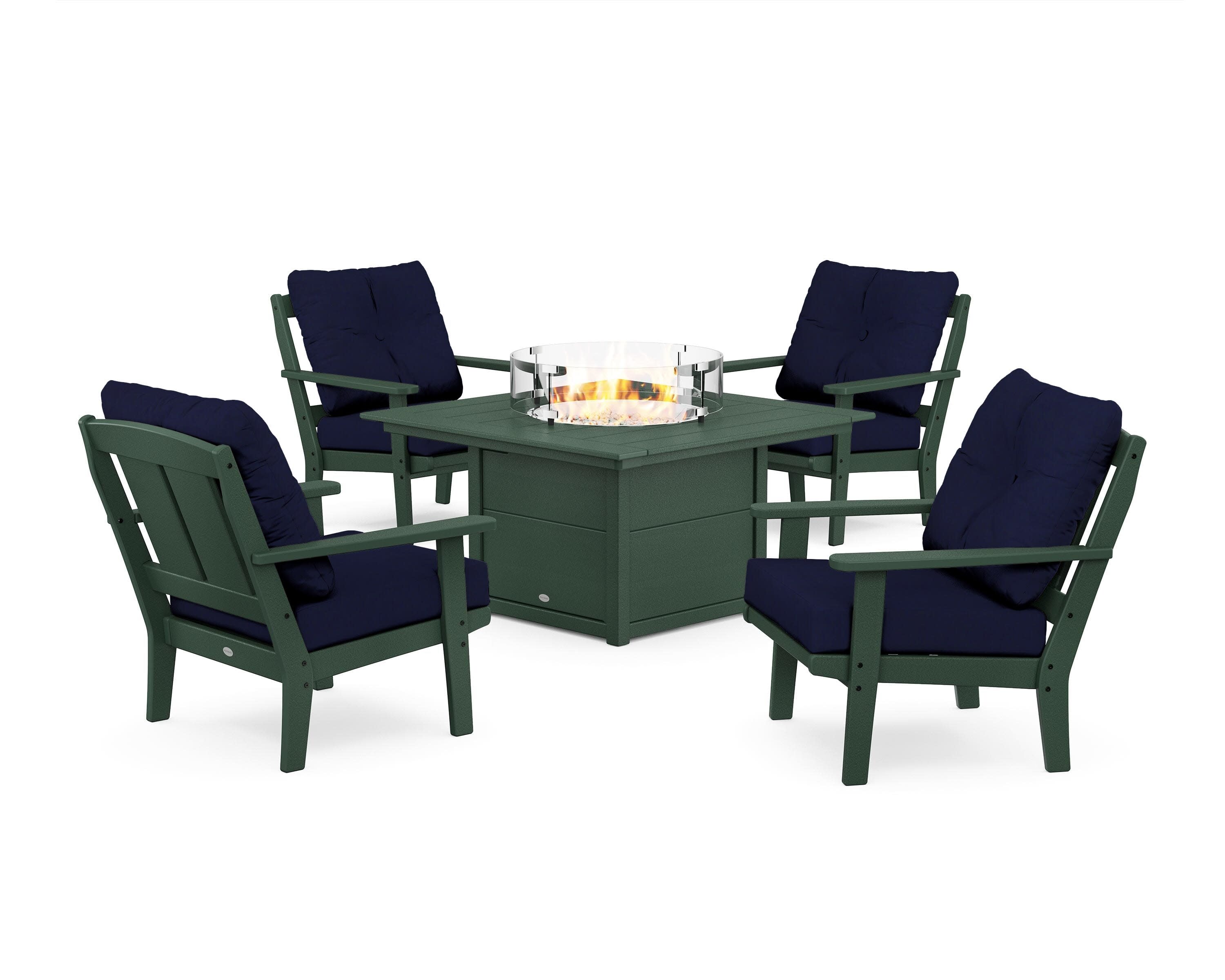 Mission 5-Piece Deep Seating Set with Fire Pit Table in Green / Navy