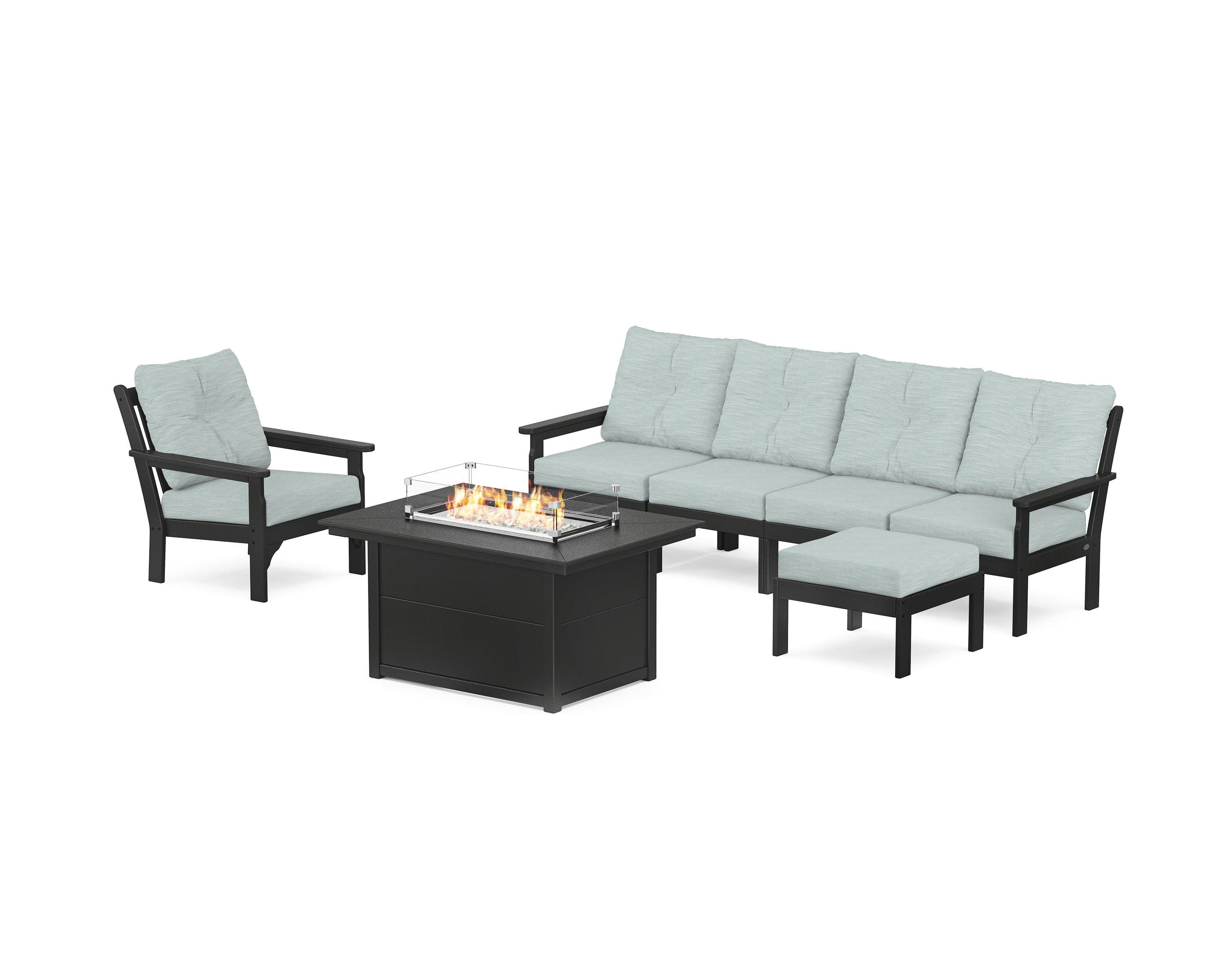 Vineyard Sectional Lounge and Fire Pit Set in Black / Soothe Mist