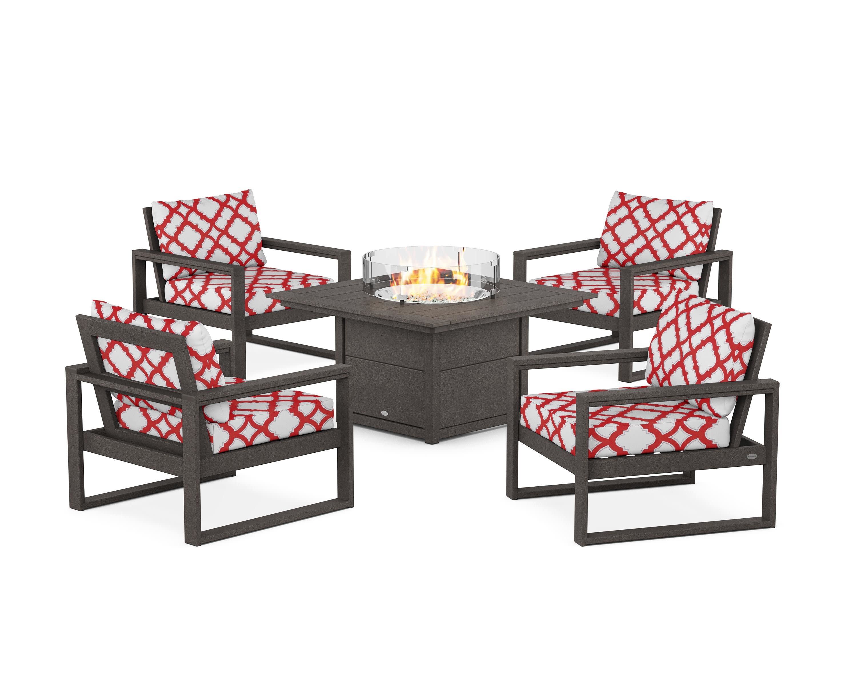 EDGE Sectional 5-Piece Deep Seating Set with Fire Pit Table in Vintage Coffee / Trellis Crimson