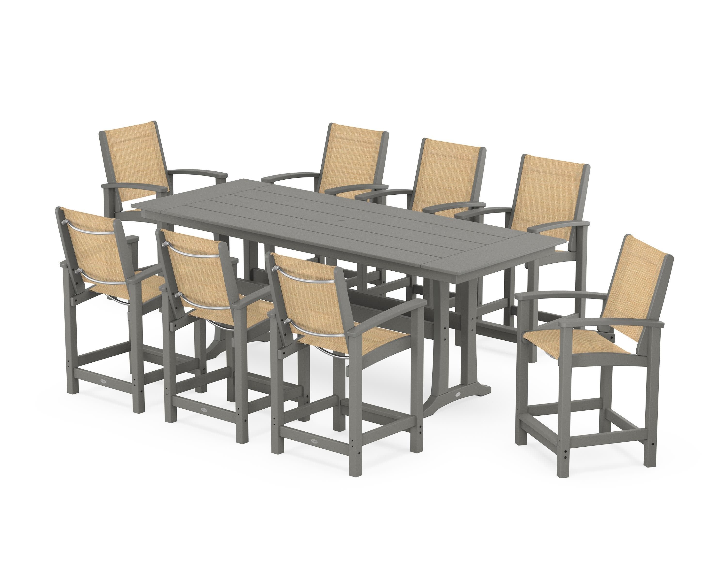 Coastal 9-Piece Farmhouse Counter Set with Trestle Legs in Slate Grey / Dupioni Apricot Sling