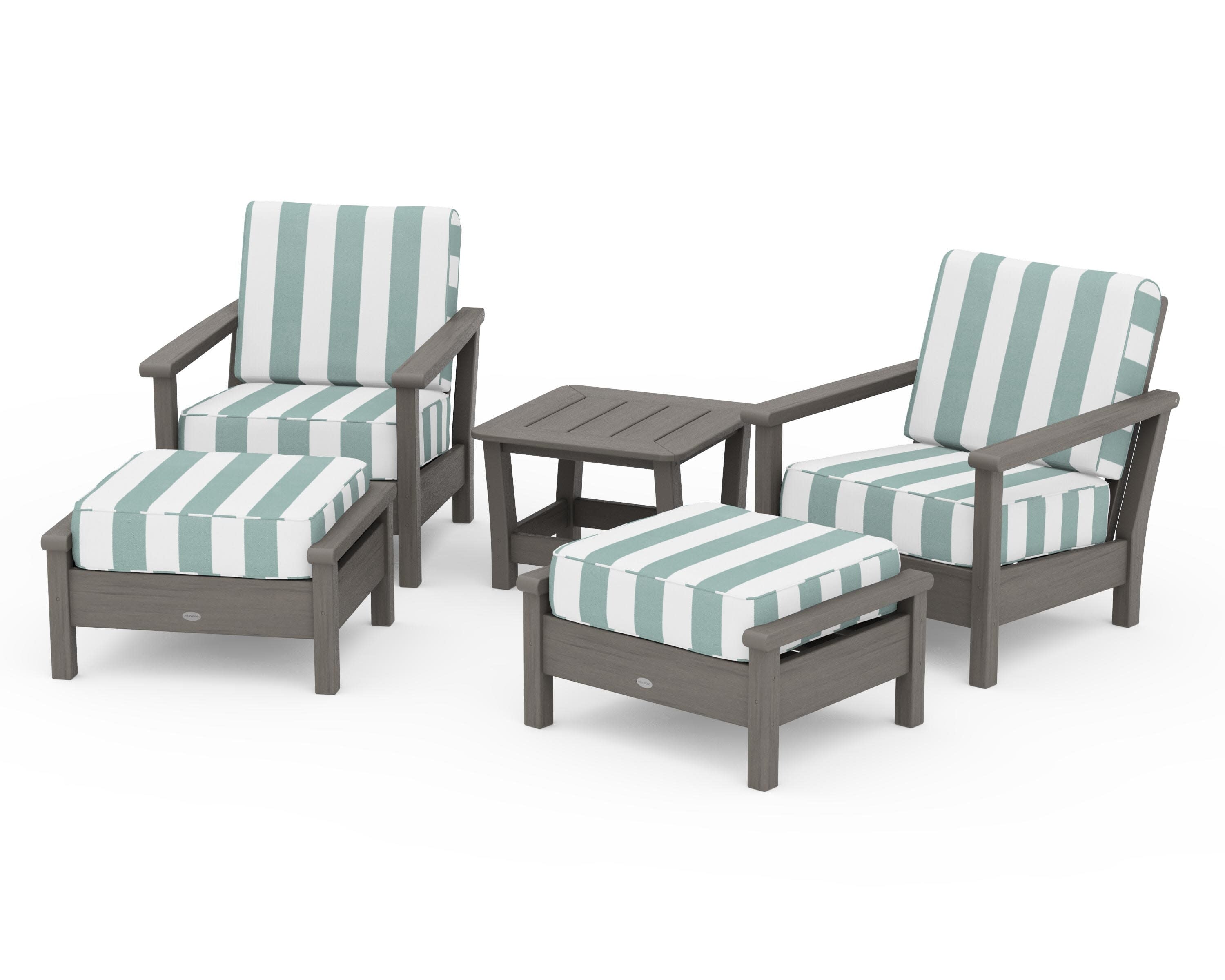 Harbour 5-Piece Deep Seating Chair Set in Driftwood / Cabana Stripe Glacier Spa