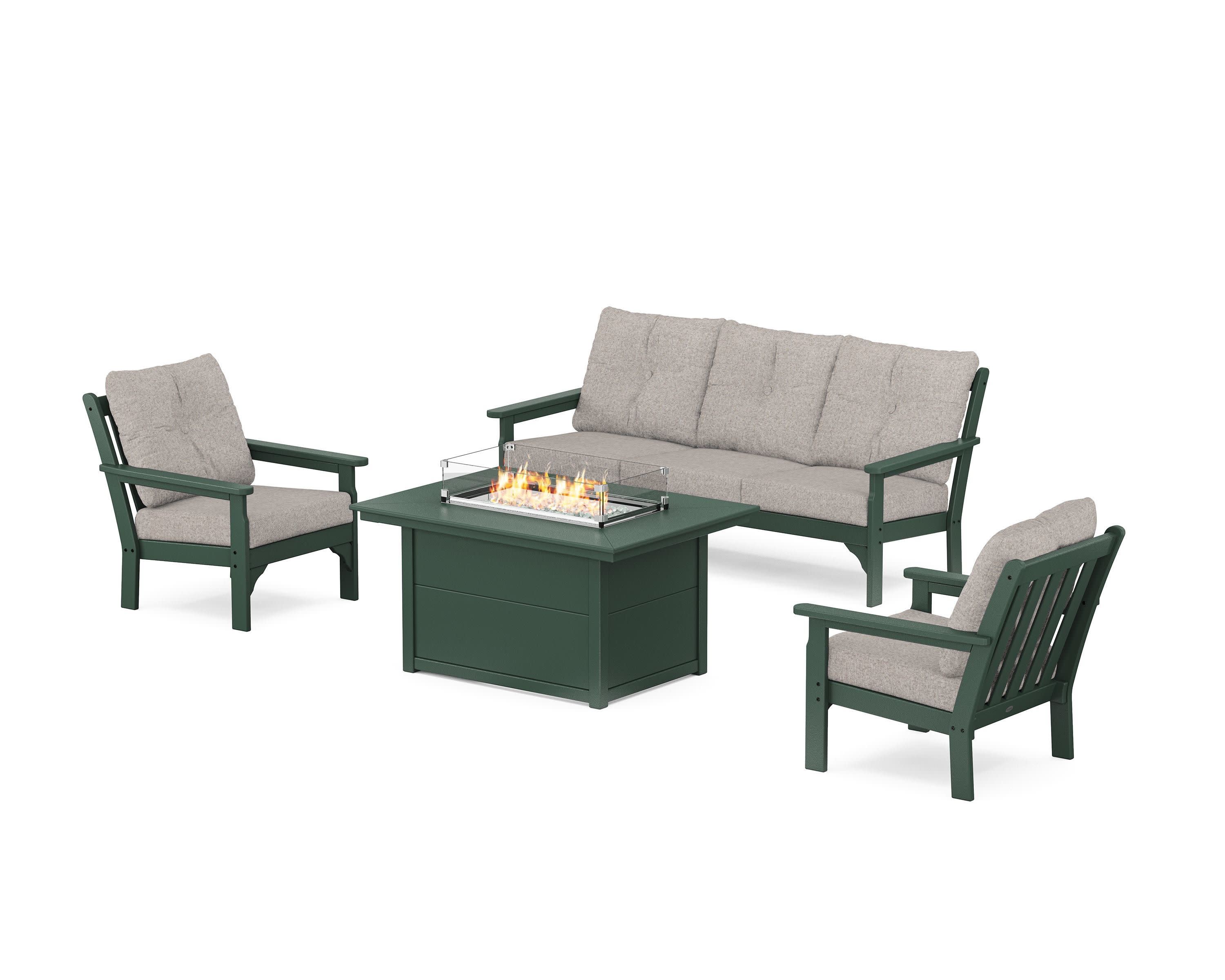 Vineyard Deep Seating Fire Pit Table Set in Green / Weathered Tweed