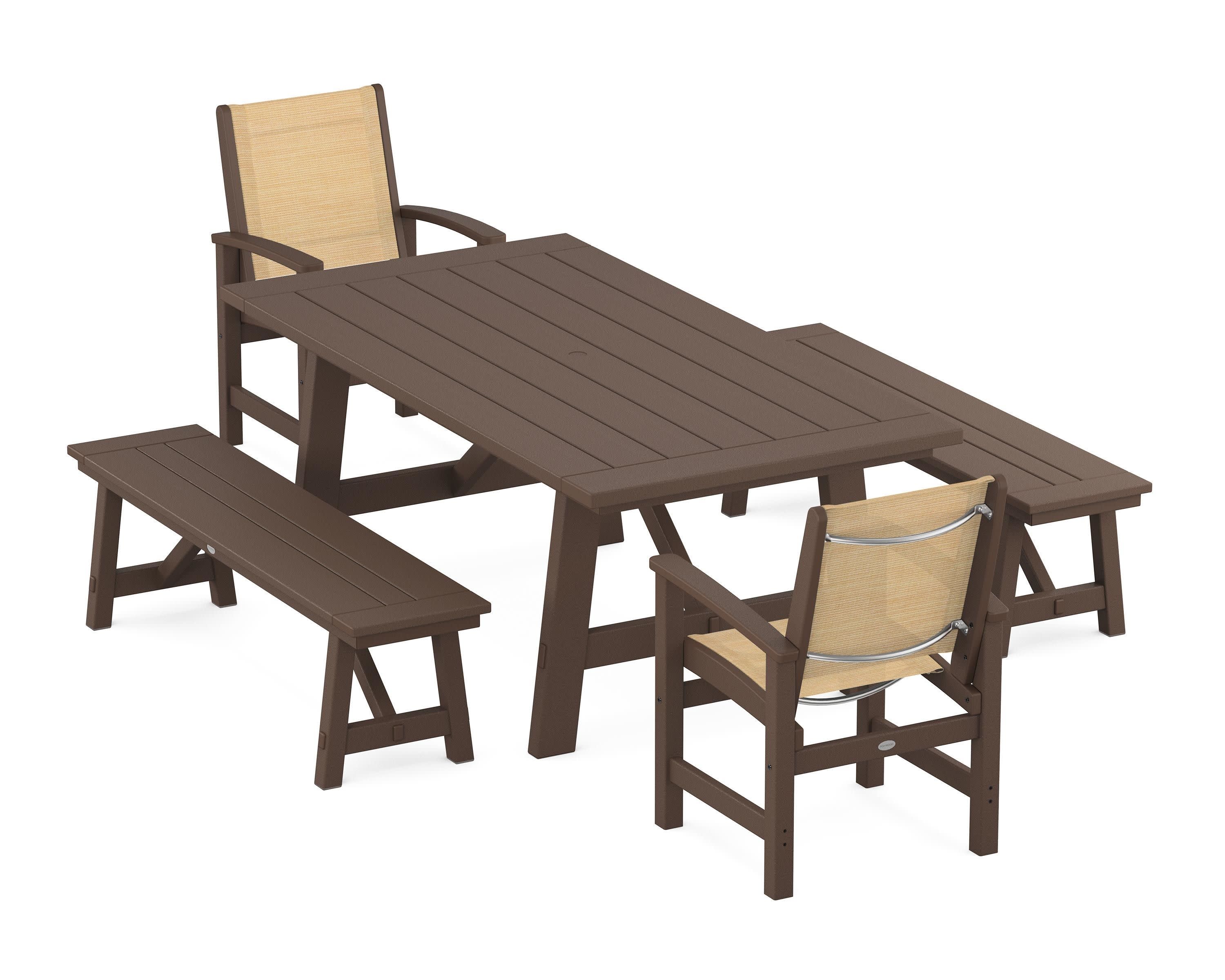 Coastal 5-Piece Rustic Farmhouse Dining Set With Benches in Mahogany / Dupioni Apricot Sling