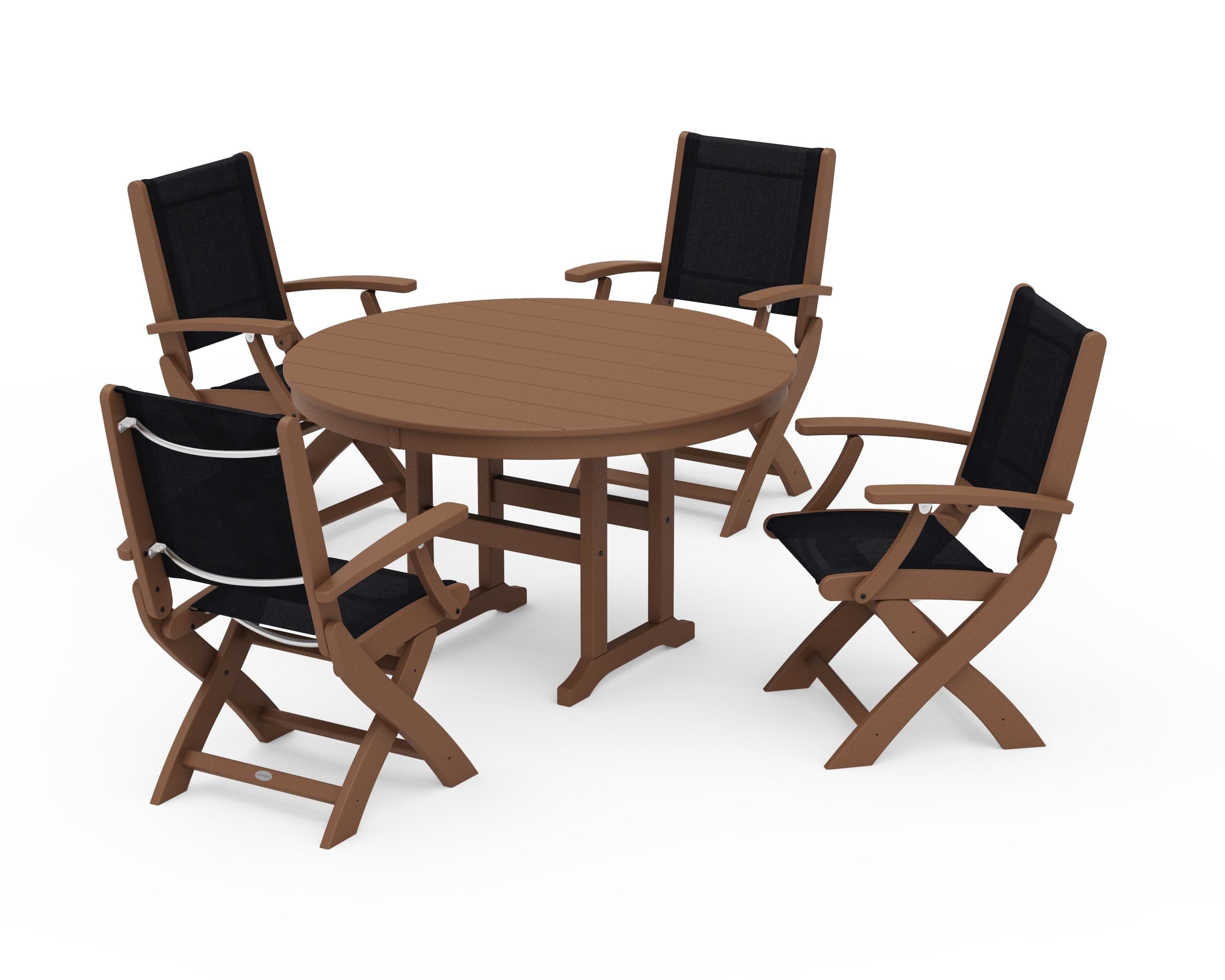 Coastal Folding Chair 5-Piece Round Dining Set in Teak / Black Sling
