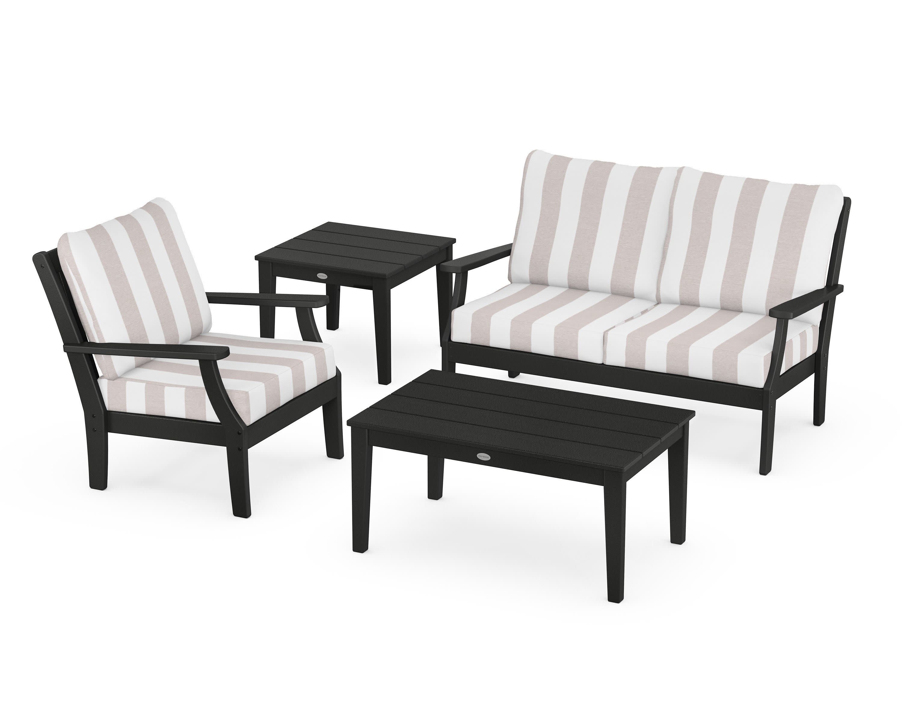 Braxton 4-Piece Deep Seating Set in Black / Cabana Stripe Dune Burlap