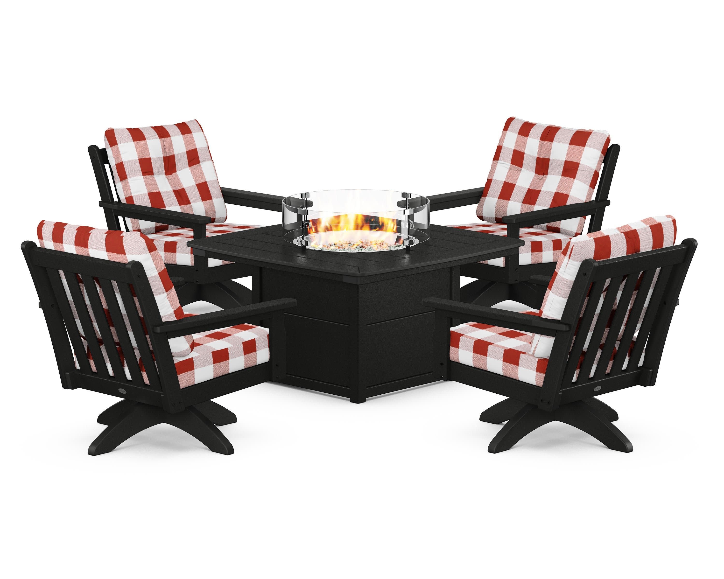 Vineyard 5-Piece Deep Seating Swivel Conversation Set with Fire Pit Table in Black / Buffalo Plaid Crimson