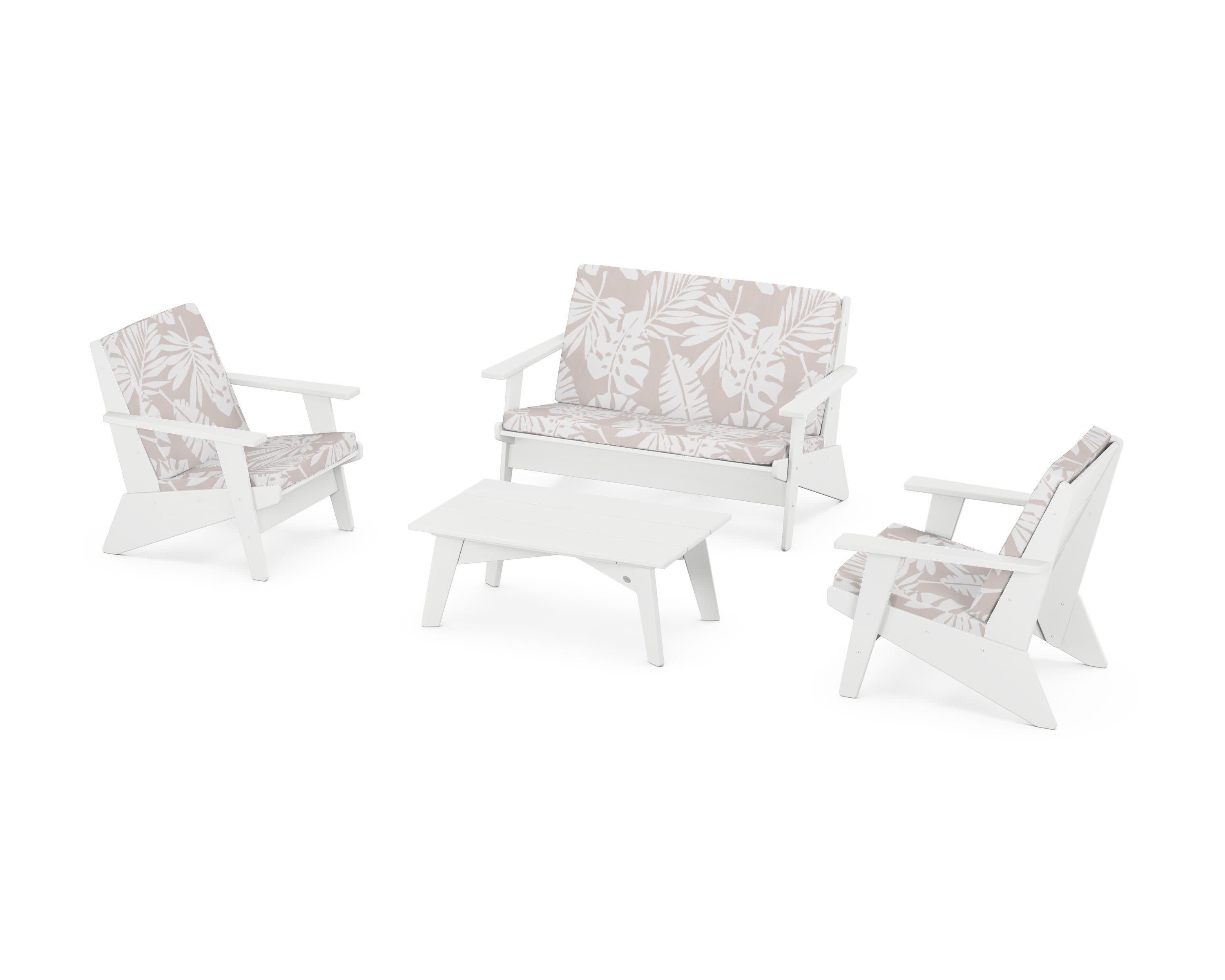 Riviera Modern Lounge 4-Piece Set in White / Leaf Dune Burlap