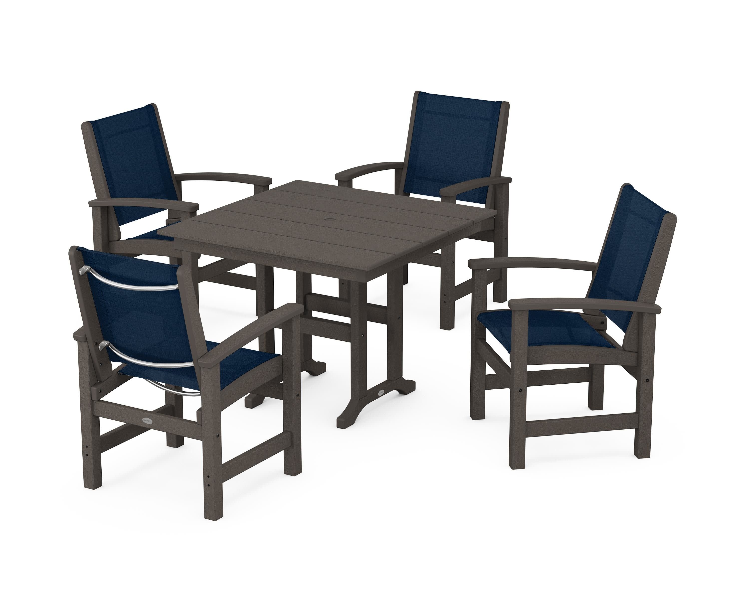 Coastal 5-Piece Farmhouse Dining Set in Vintage Coffee / Navy Blue Sling