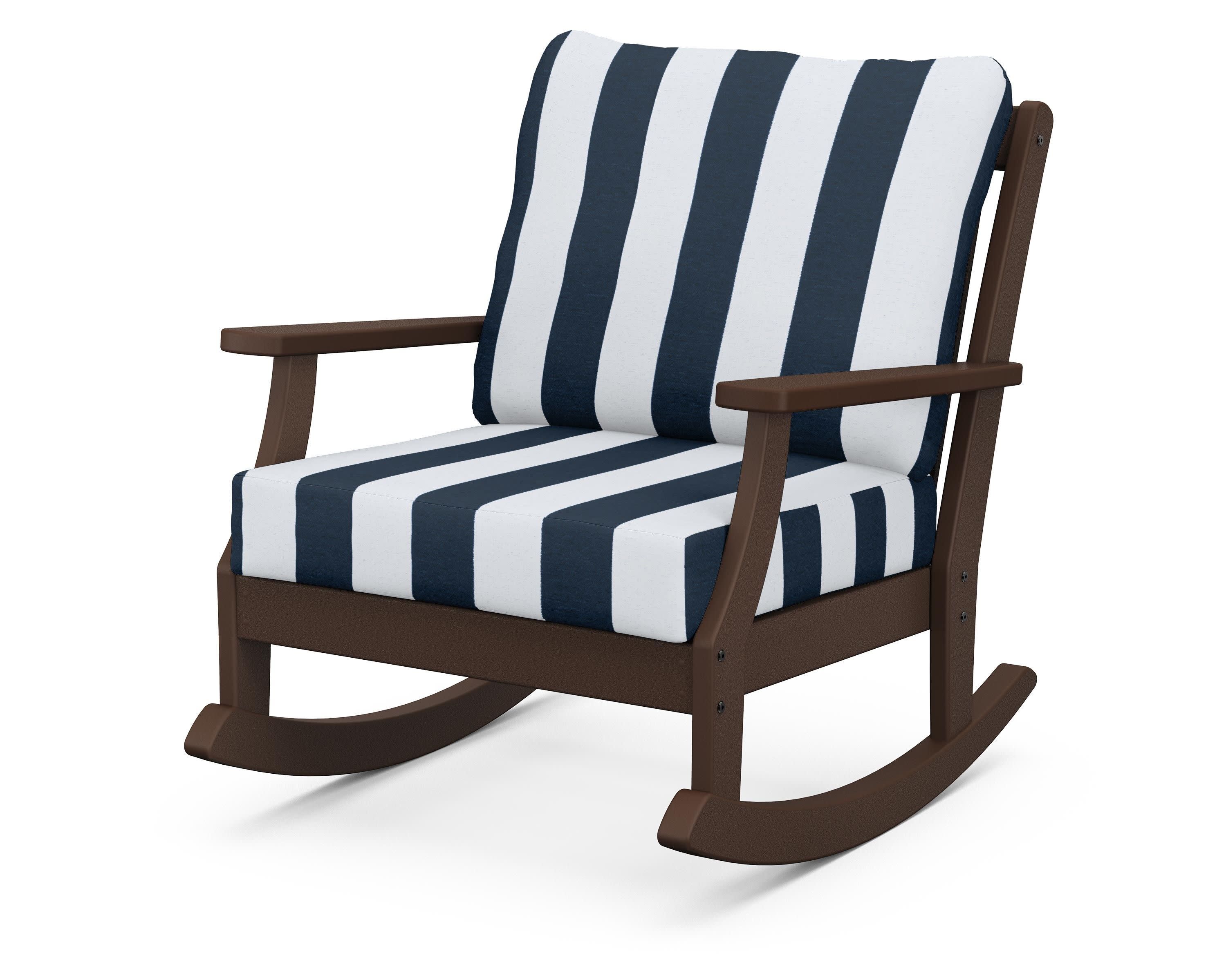 Braxton Deep Seating Rocking Chair in Mahogany / Cabana Stripe Marine Indigo