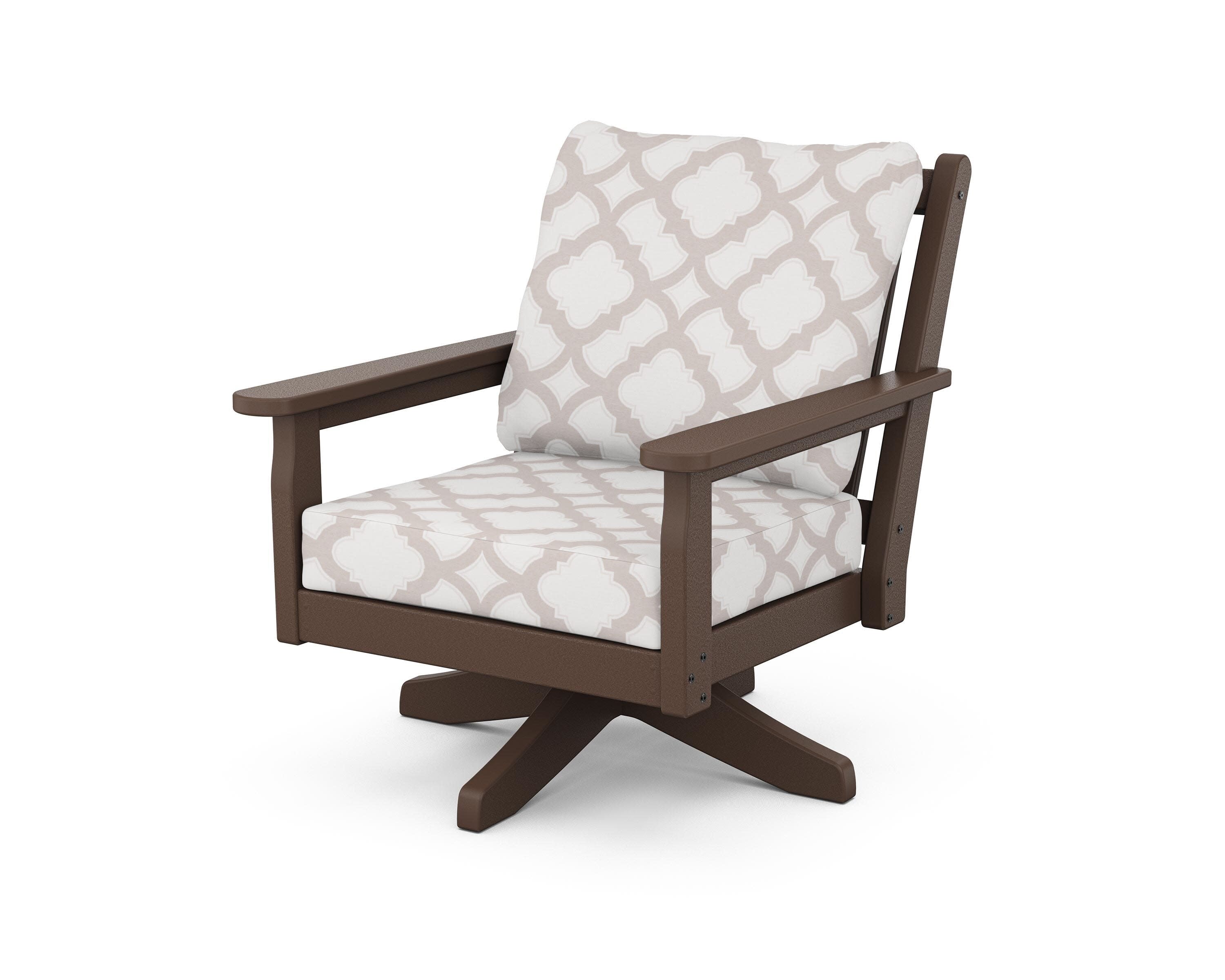 Chippendale Deep Seating Swivel Chair in Mahogany / Trellis Dune Burlap