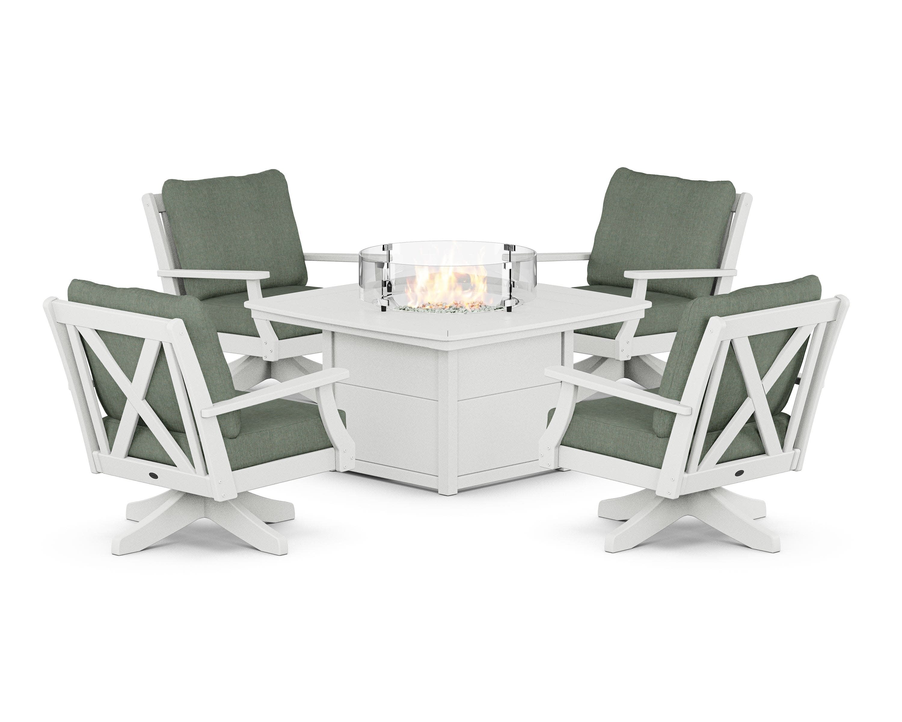 Braxton 5-Piece Deep Seating Swivel Conversation Set with Fire Pit Table in White / Cast Sage